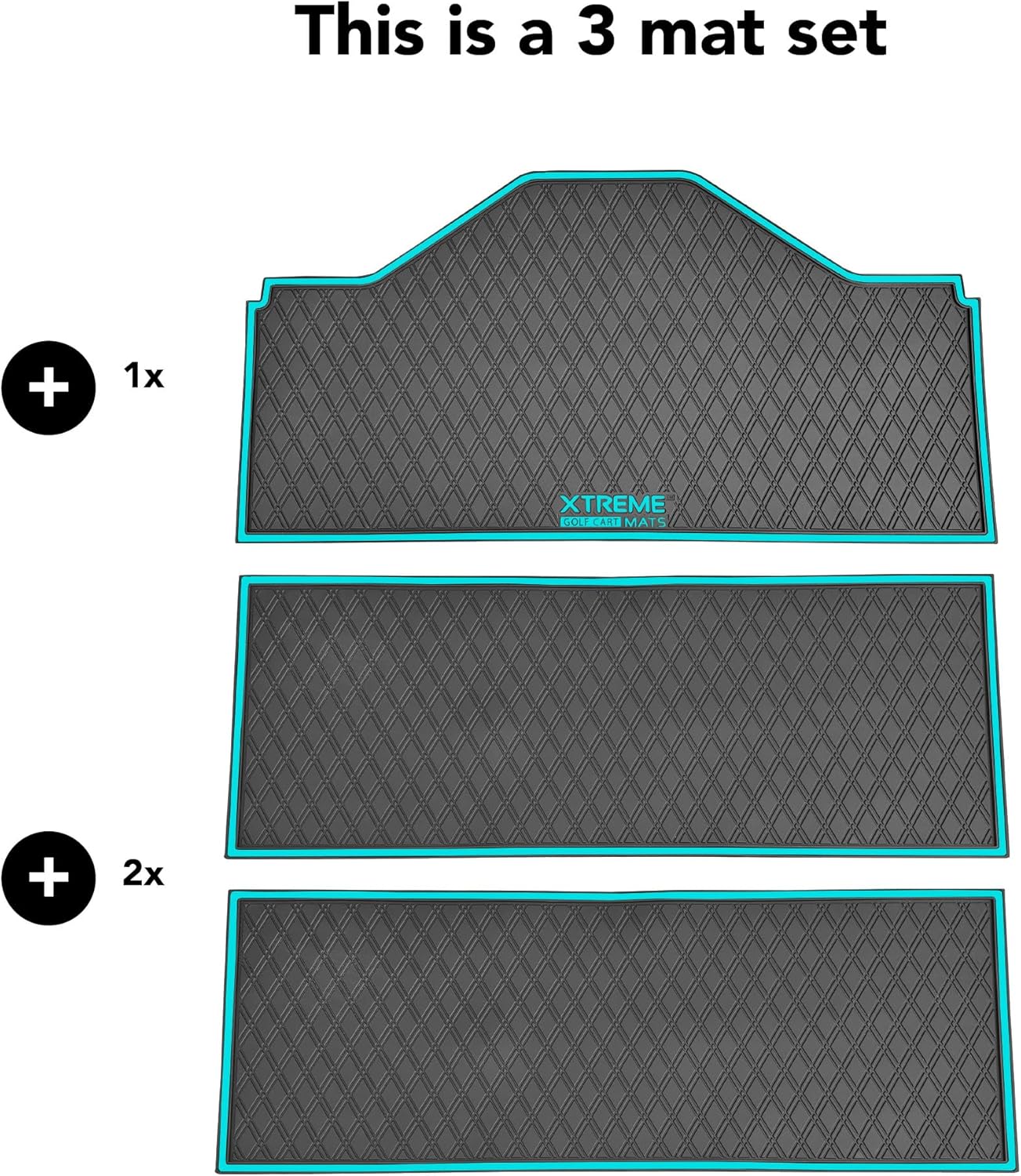 Xtreme MATS Evolution D5 Golf Cart Floor Mat Set- Rubber Double Diamond Design - Fits DMAX, GT 4 & 6, D5 6F Including Maverick and Ranger Trims (Blue Trim, D5 6F 1st, 2nd, & 3rd Rows Forward Facing)