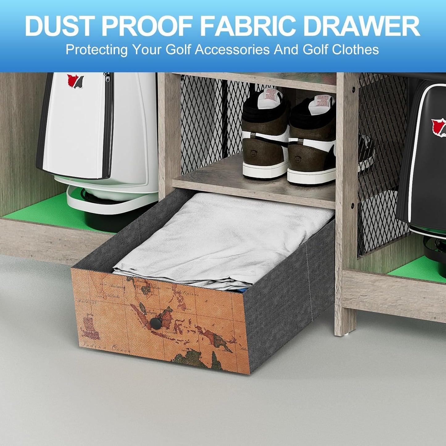 Golf Bag Storage Organizer for Garage, Premium Wooden 2 Golf Bags Rack with Drawer, Easy Assemble Golf Club Stand/Holder Suitable for Garage Home Simulator and Office