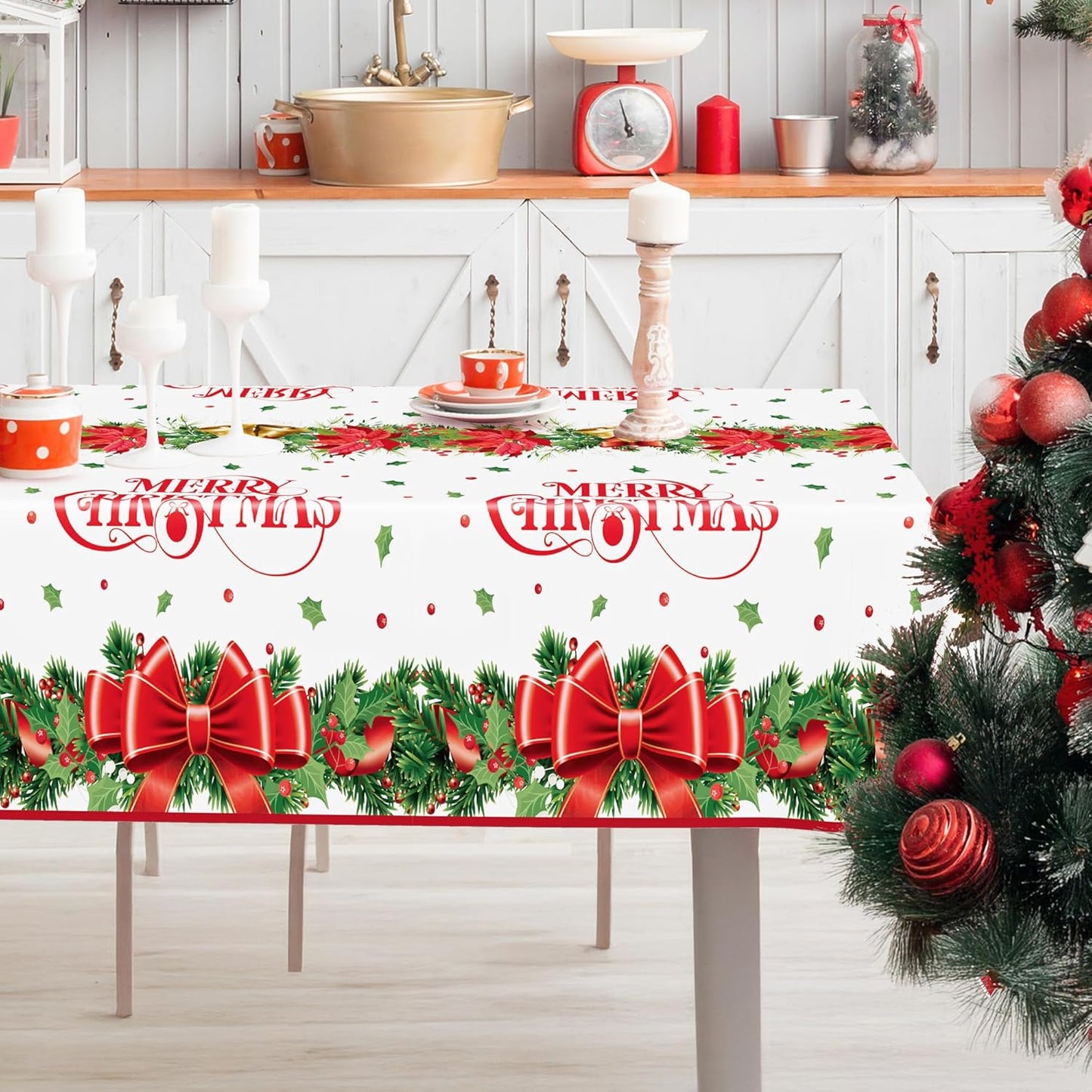 QZYL 2 Pack Christmas Tablecloths, 54" x 108" Xmas Plastic Table Cloth, Poinsettia Holly Bells Design Holiday Disposable Tablecover Rectangle Tablecloth, Christmas Decor Holiday Table Decorations