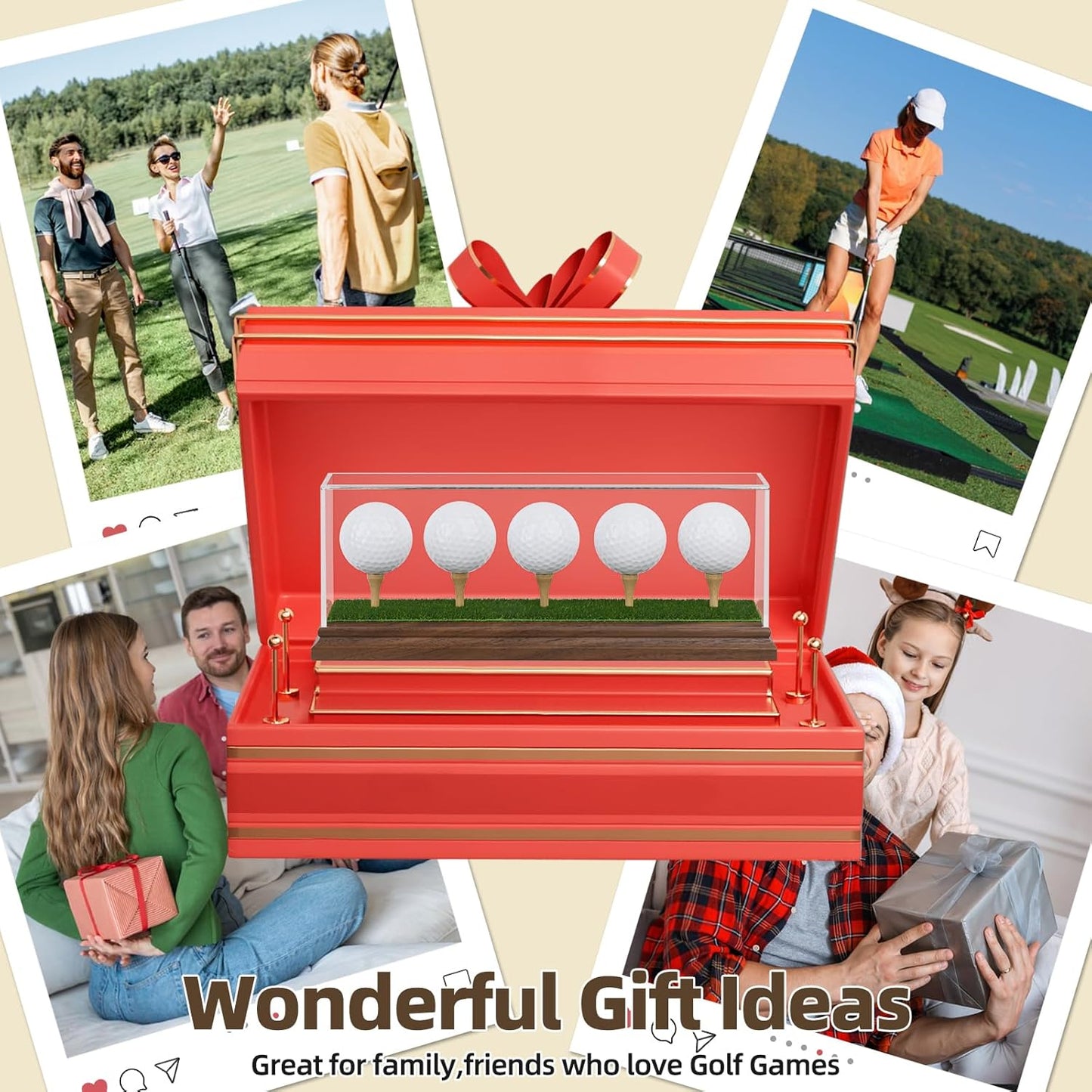 Hole in One Golf Ball Display Case Golf Ball Display Case Holder for 5 Golf Balls Wanult Wood Base Acrylic Golf Ball Holder Stand Lifelike Turf Wood Tee Memorabilia Showcase Cube Box Stand Gift Decor