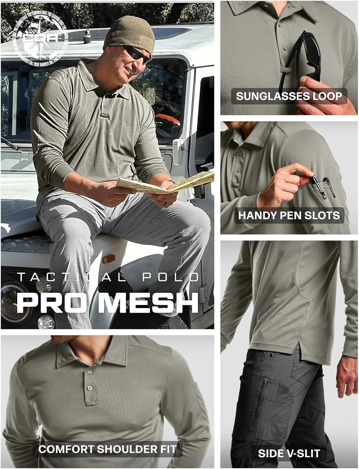 CQR Men's Polo Shirt, Long Sleeve Tactical Shirts, Outdoor UPF 50+ Pique Shirt, Dry Fit Lightweight Golf Shirts