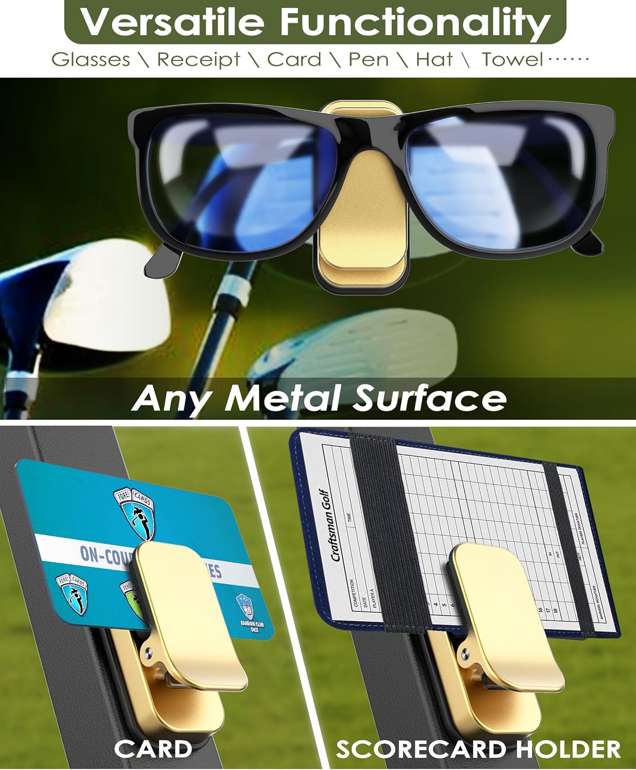 Sunglass Holder for Golf Cart, Magnetic Aluminium Sunglass Holder Clip Accessory for Golf Carts, Silicone Padded Eyeglass Clip Universal Fit with Gift Storage Bag
