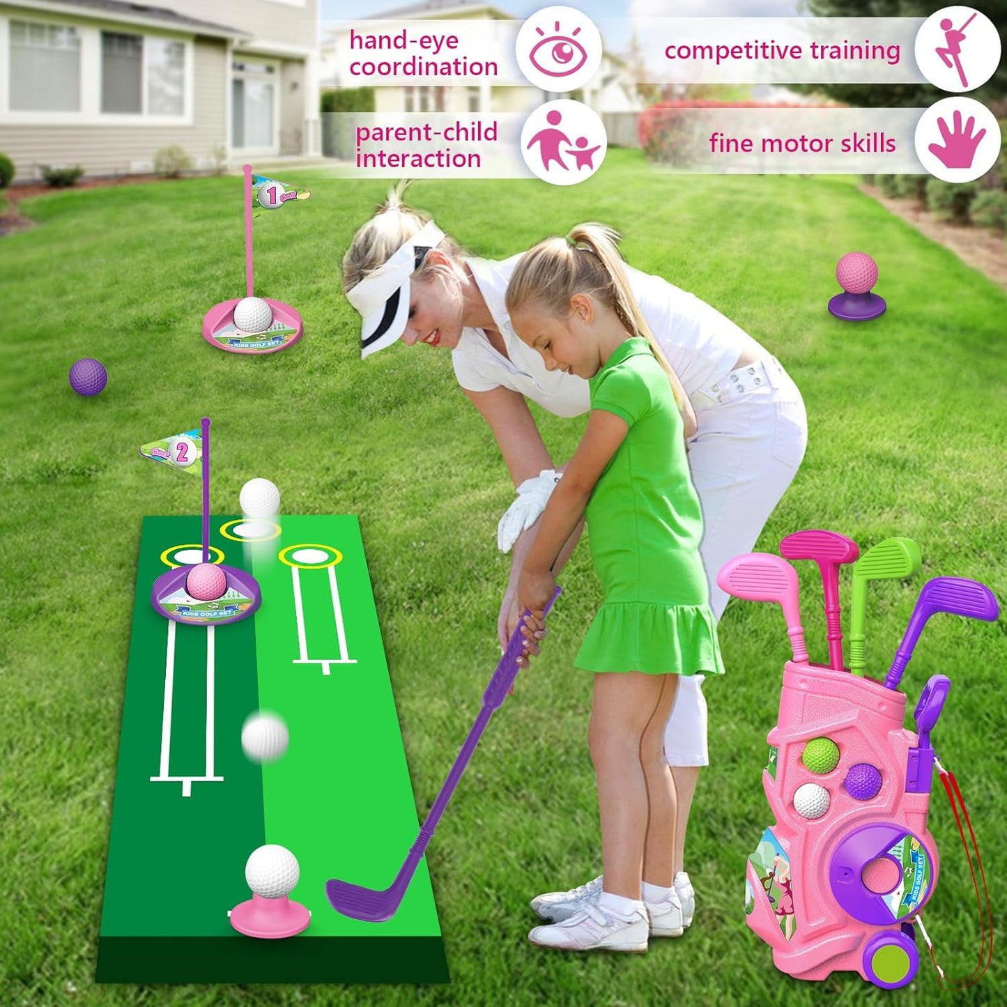 Letapapa Toddler Golf Set with Putting Mat, 4 Clubs, 8 Balls, 2 Practice Holes for Kids 3-5 Years Old, Indoor Outdoor Sports Toys with Shoulder Strap, 20 Pieces