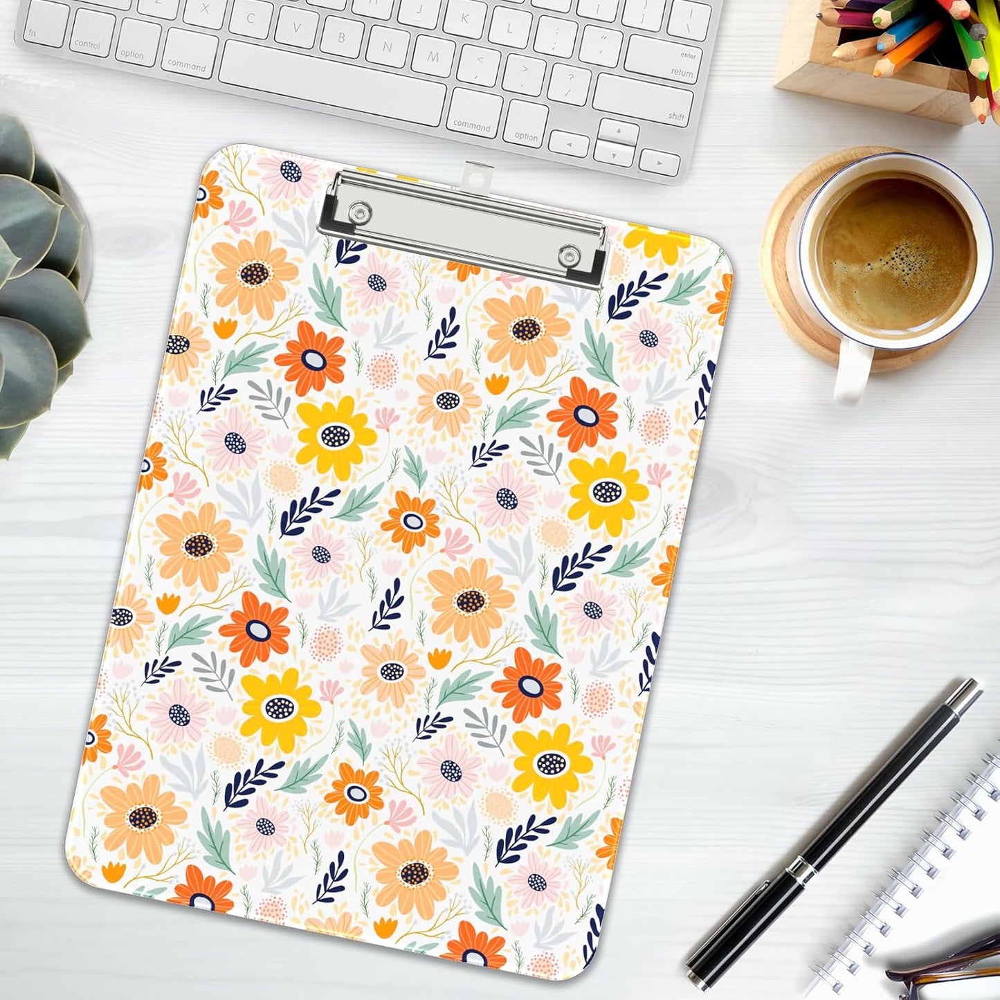 Rimilak Plastic Clipboards with Metal Clip, A4 Letter Size 9 x 12.5 in, Office Decorative for Students Women Men and Kids, Cute Custom Pattern, Orange Flower