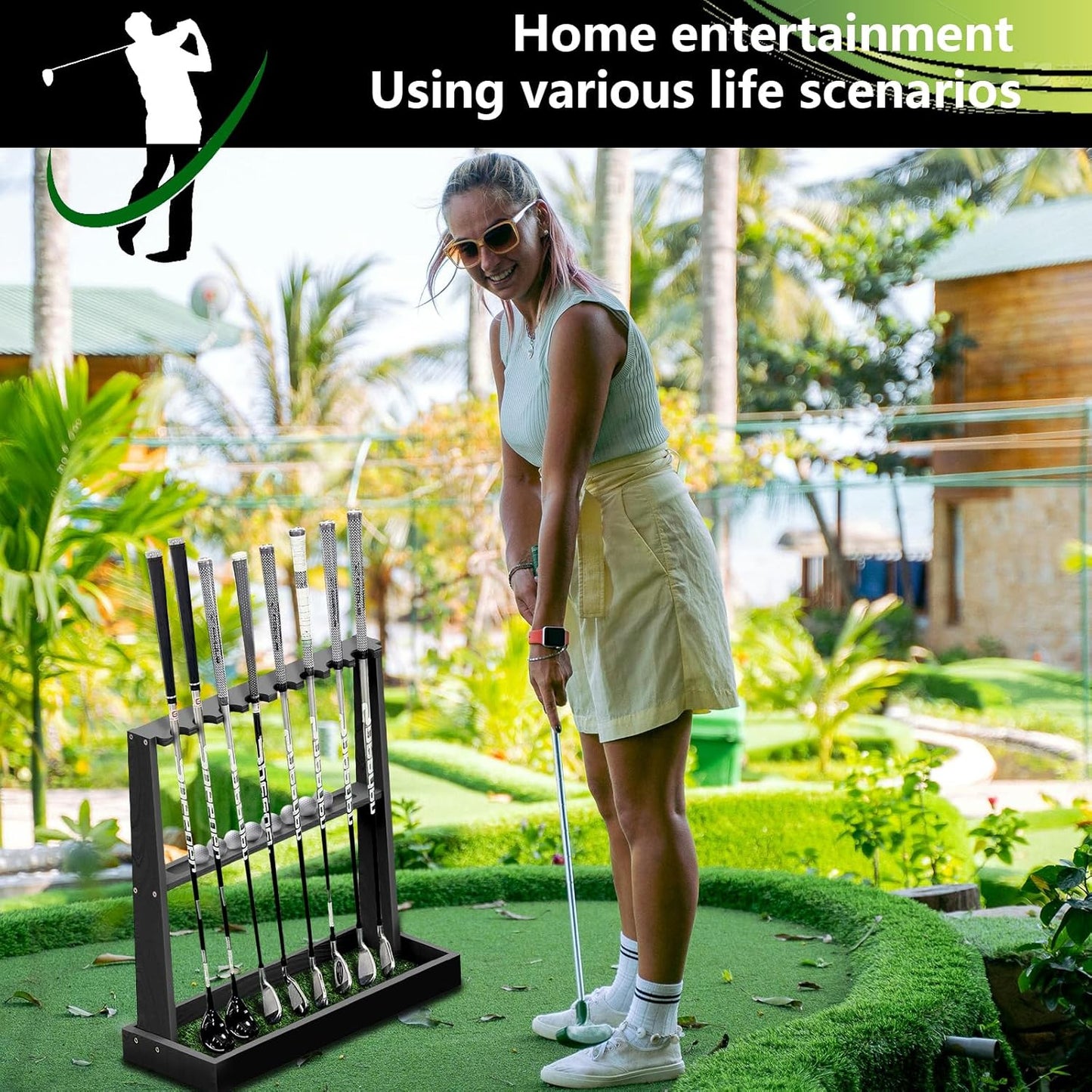 Golf Club Holder Stand,Wooden Golf Club Rack -Indoor Display Rack,Golf Club Organizer for 8 Clubs and 11 Balls Storage,Golf Rack for Storage Sports Outdoors Wall Garage