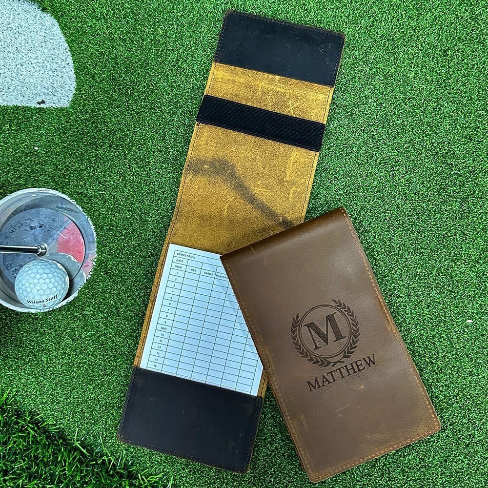 Custom Golf Scorecard Holder Yardage Book - Engraved Crazy Horse Leather, Unique Patina Texture, Personalized Golf Gift for Men Women