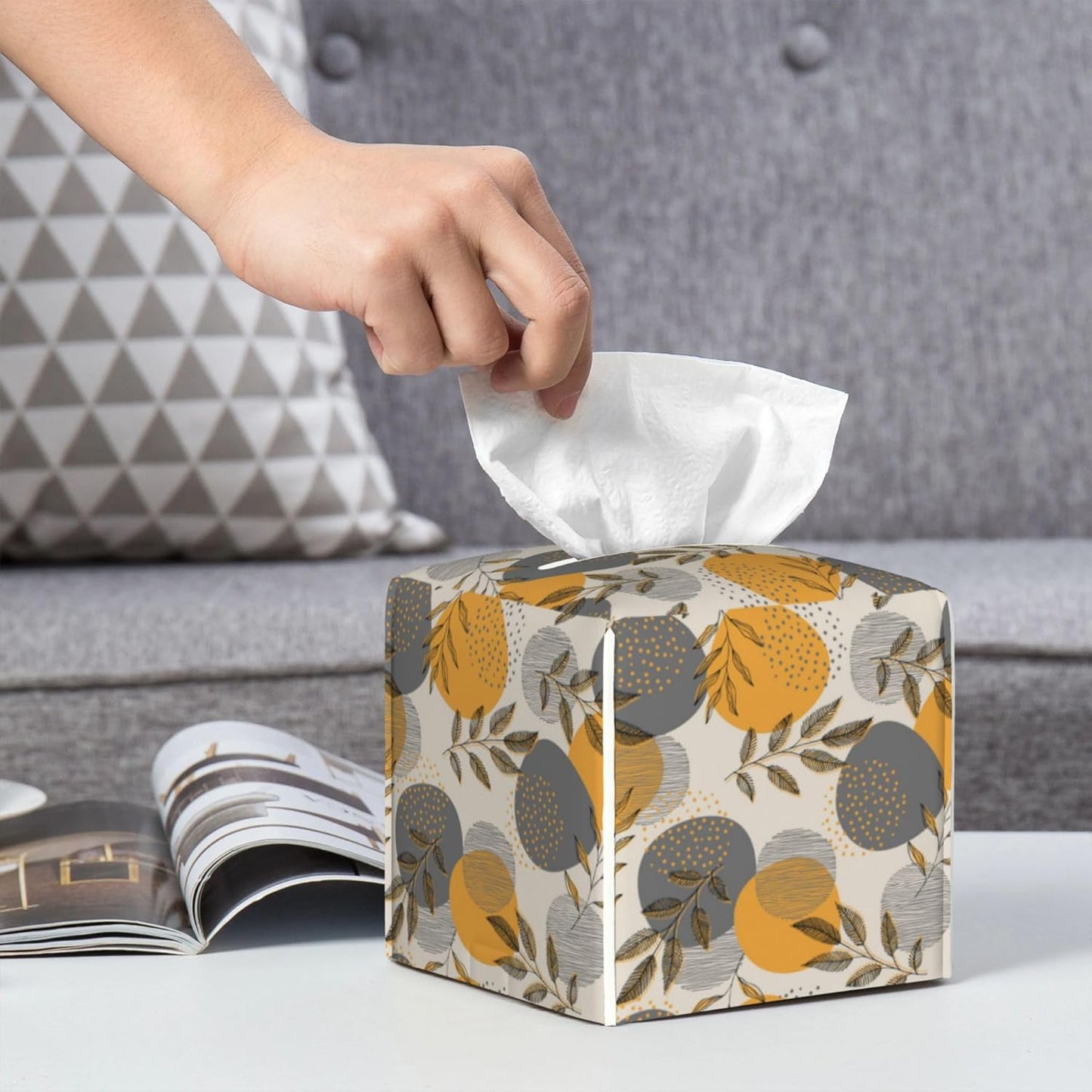 Boho Abstract Leaves Tissue Box Cover Square,Linear Boho Leaves and Geometric Tissue Box Holder Waterproof Leather Facial Paper Organizer Dispenser for Bathroom Home Car Nightstand Vanity Desk