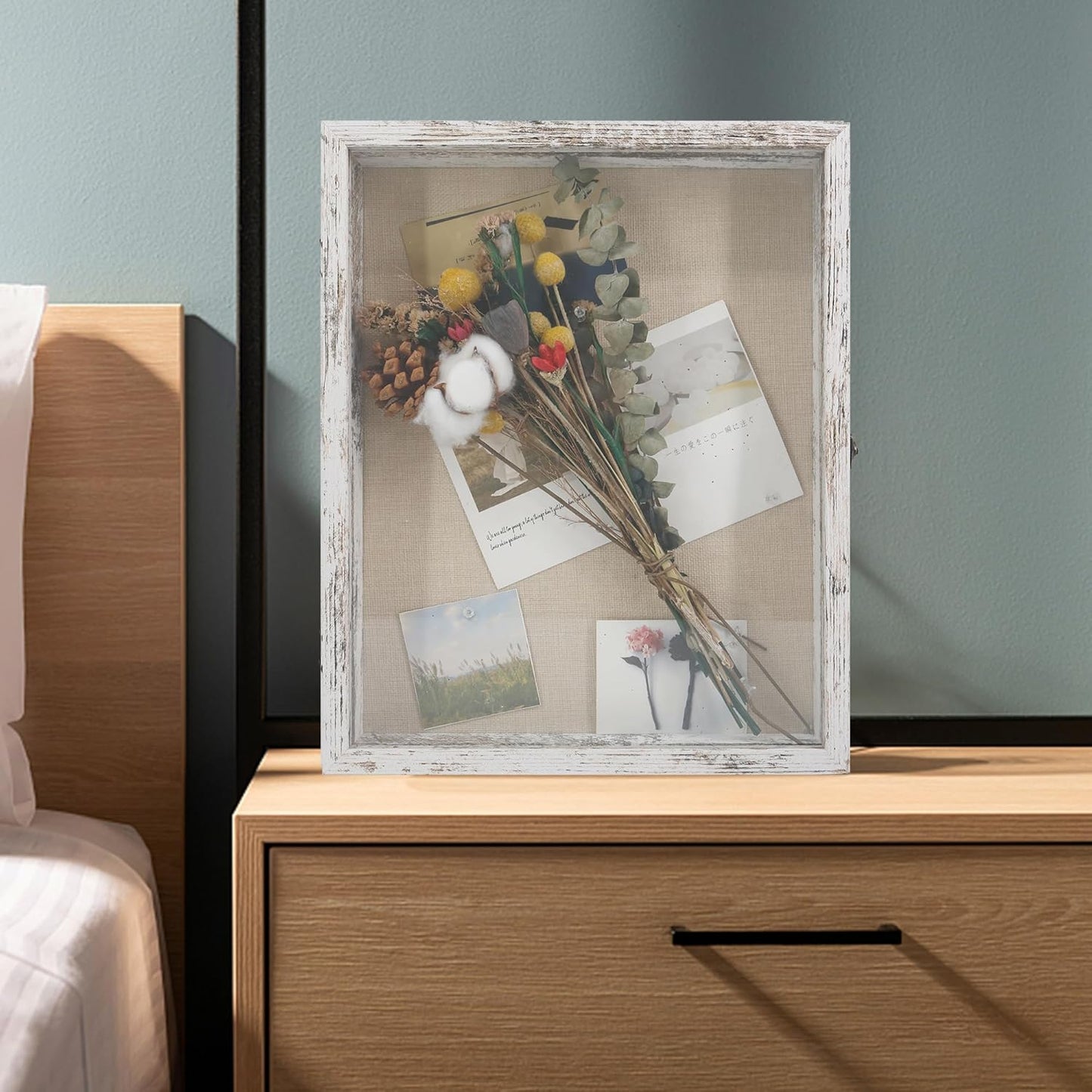 GraduatePro Shadow Box Frame 13X16 Display Case with Linen Back, Real Glass Window Door with Hinge, Picture Frame Wedding Bouquet Memorabilia Medals Photos Memory Box for Keepsakes Rustic White