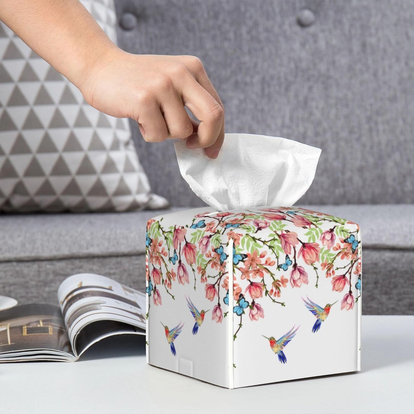 Hummingbird and Flowers Tissue Box Cover Square,Pink Floral Bird Butterfly Tissue Box Holder Waterproof Leather Facial Paper Organizer Dispenser for Bathroom Home Car Nightstand Vanity Desk