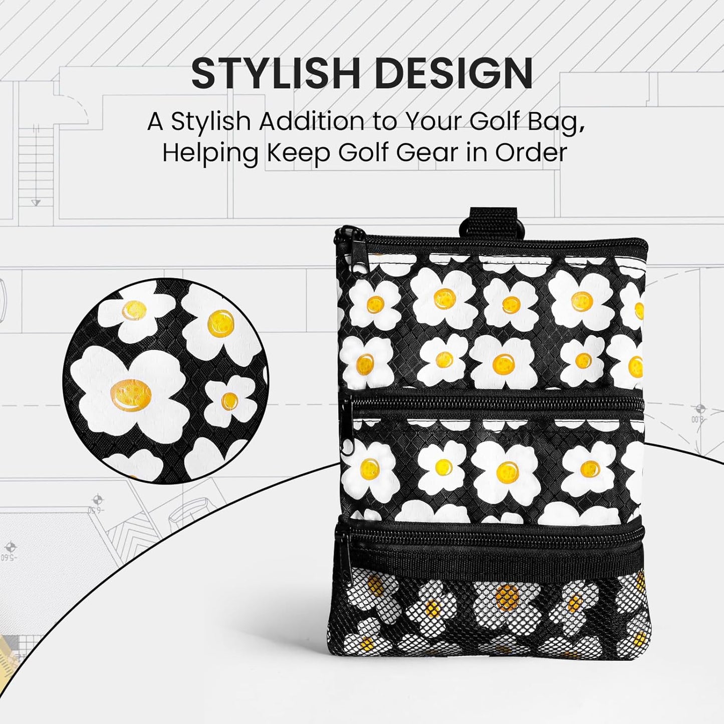 Golf Bag Accessories Valuables Pouch Bags Multi Pocket Zipper Hook with 10 Pcs Wood Golf Tees for Men Women