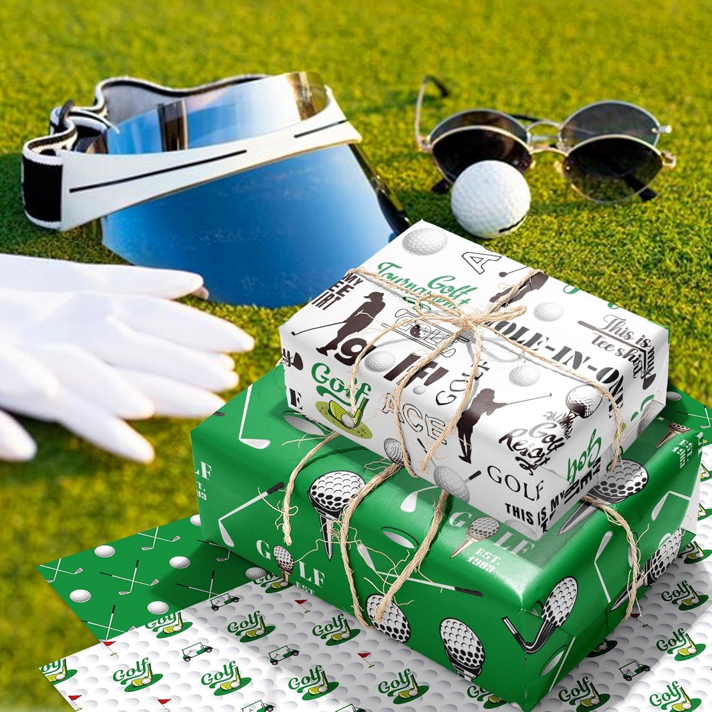 Golf Wrapping Paper for Men Boys, 12 Sheets Blue Green Sports Golfing Gift Wrap Paper with Sports Golfs Clubs Balls Carts Green Argyle Champions Plaid Pattern Designs Golfs Gift Papers, 20'' x 27''