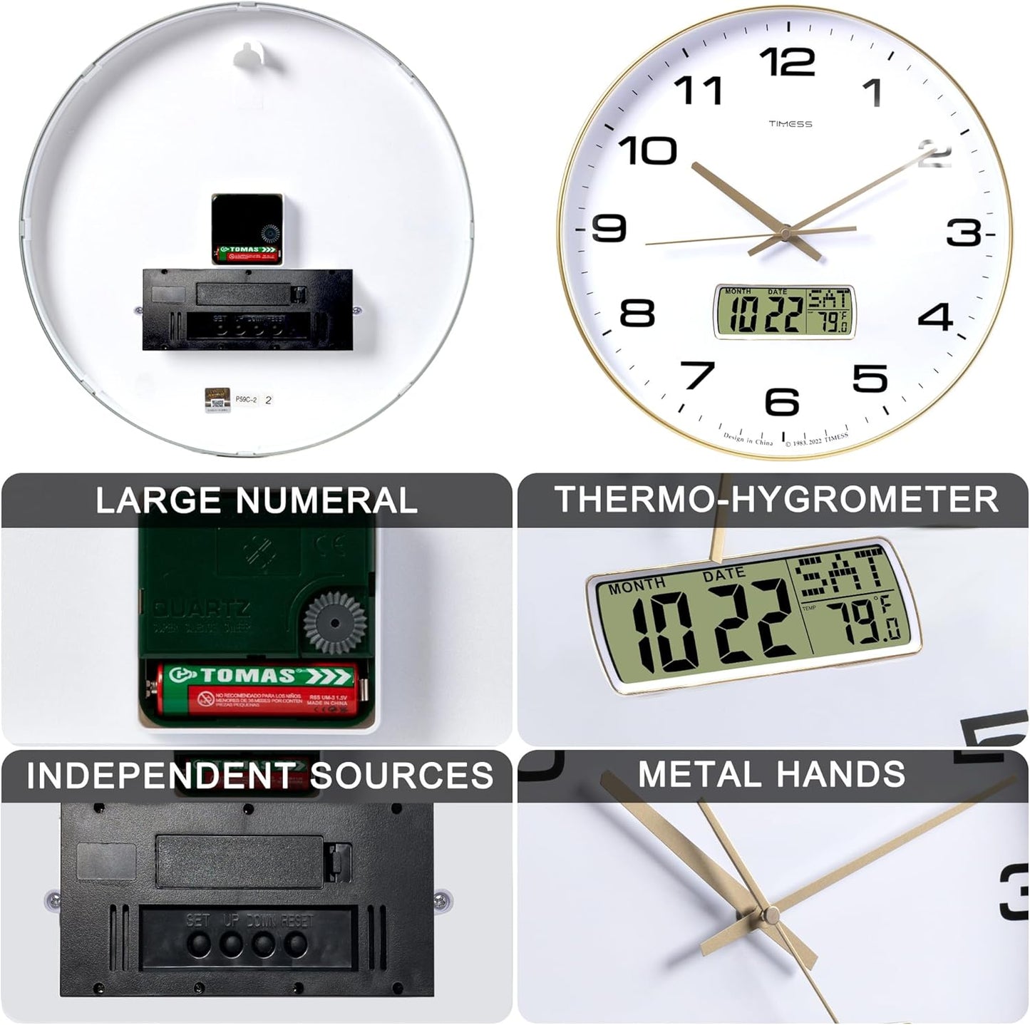 Wall Clock, 14" Large Dial Non-Ticking Silent Battery Operated Analog with LCD Display for Perpetual Calendar and F° Temperature, Ideal Modern Home, Bedroom, Office Decor (Gold)