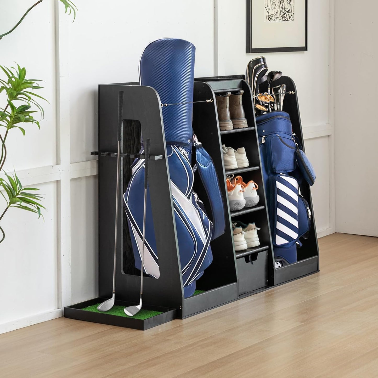 Golf Bag Organizer Storage Rack Stand Holder Fits 2 Extra Large Golf Club Bags and Multiple Golfing Equipment Accessories for Garage Home Simulator and Office
