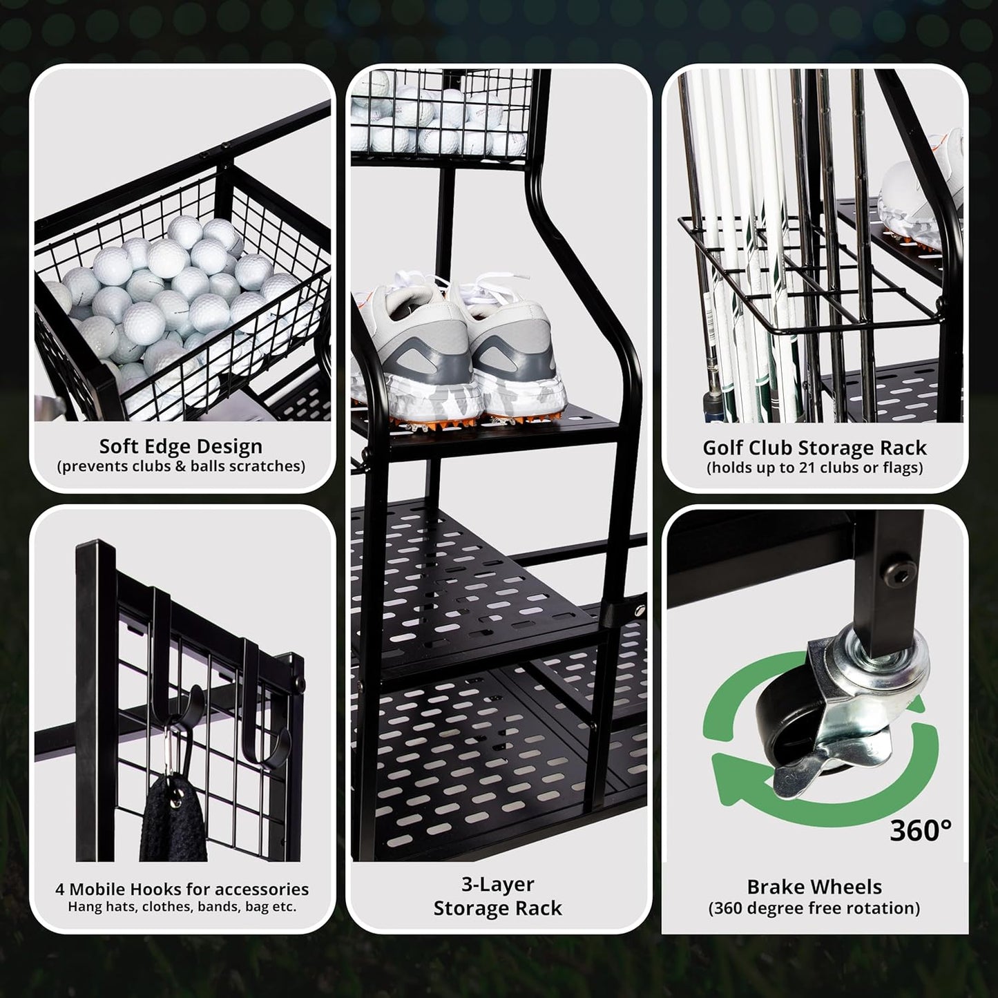 Heavy-Duty Golf Storage Rack for Garage – Holds 2 Golf Bags – Freestanding Organizer with Shelves, Club Stand, Hooks & Basket – Perfect for Shed, Backyard, Home Simulators, Basement