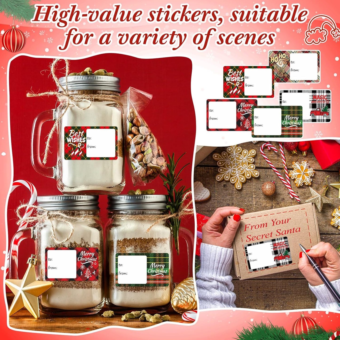 Outus 500 Pieces Christmas Tags Self Adhesive Gift Tags for Xmas Presents Christmas Name Labels Stickers for Wrapping Paper Festival Birthday Holiday Decor(Checkered Style,2.76 x 1.57 Inch)