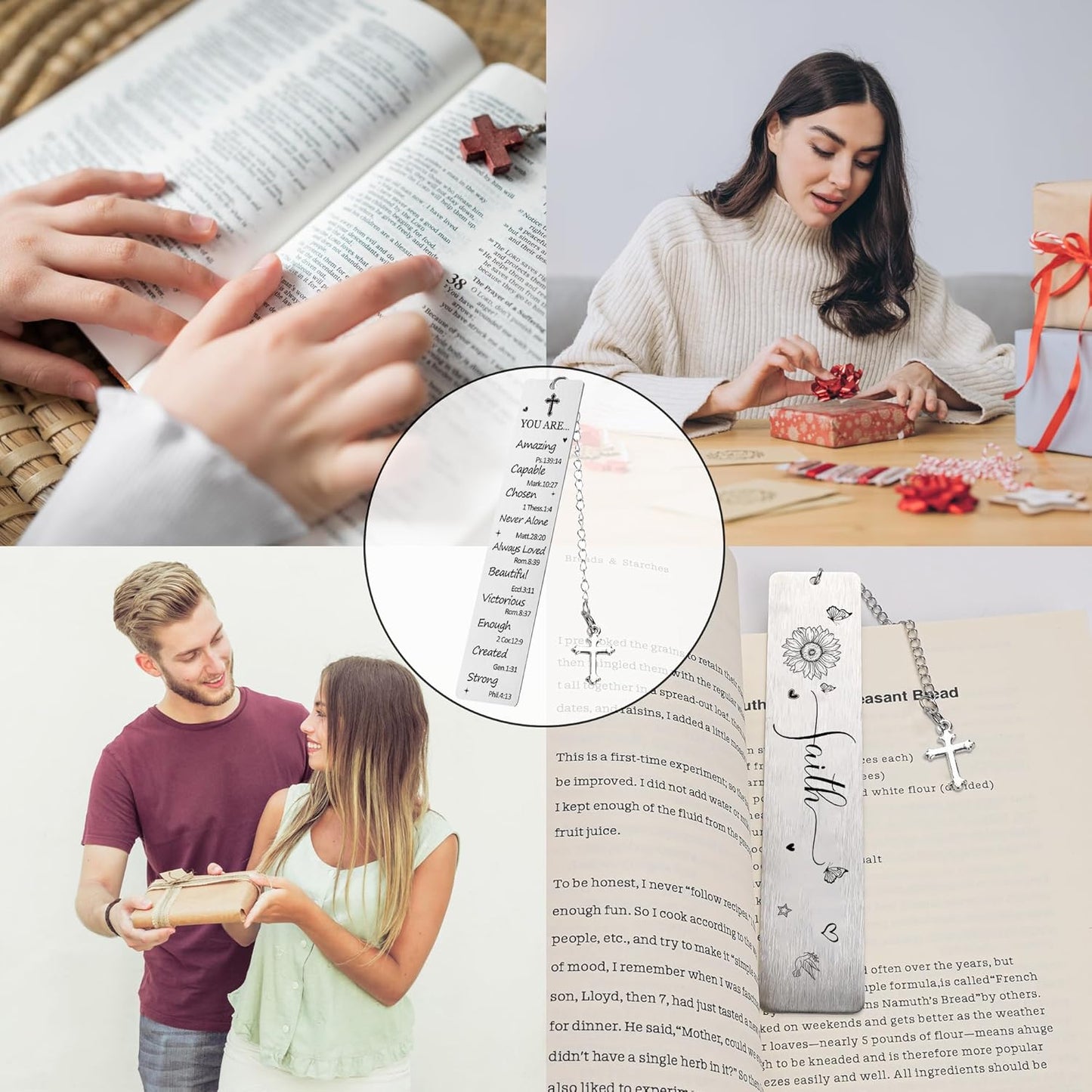 Christian Bookmark for Women - Metal Bible Book Marks with Scripture Verse and Cross Charm, Religious Faith Bookmarks Present for Baptism Christmas Birthday