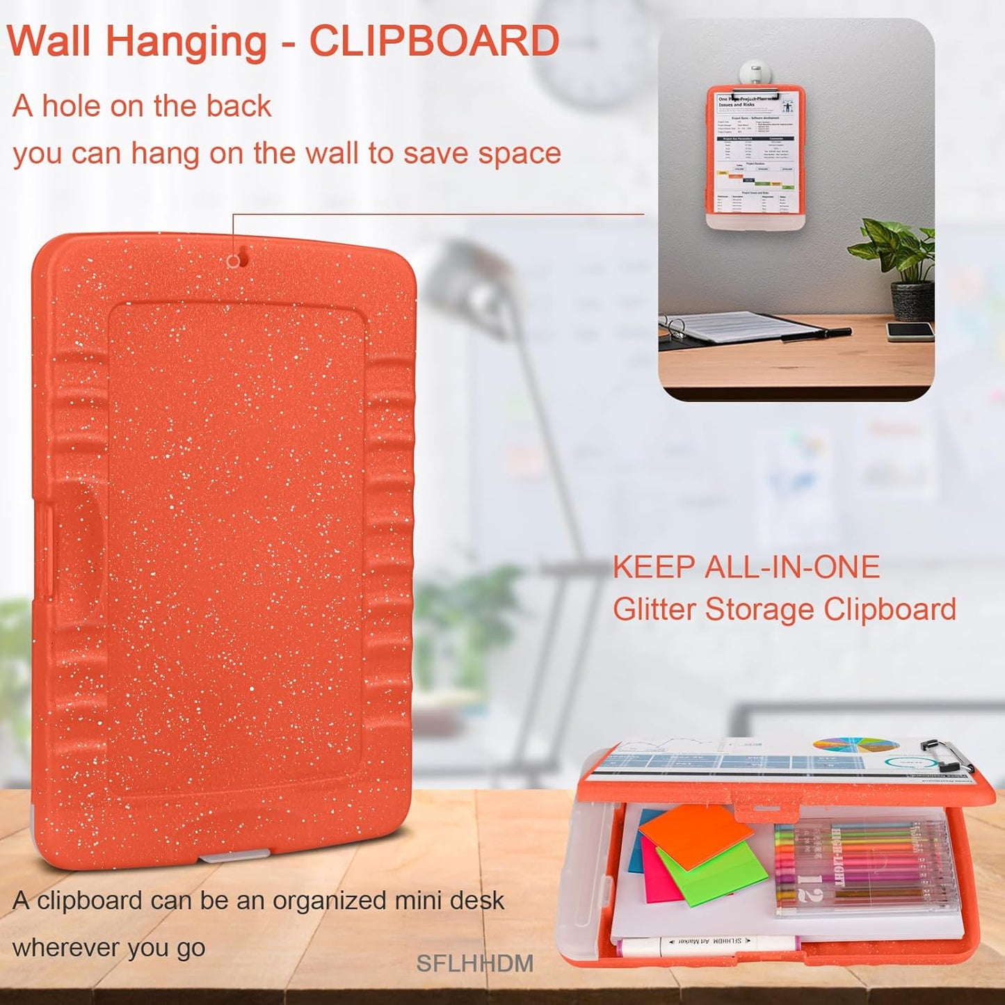 Glitter Clipboard with Storage,Storage Clipboard with Pen Holder,A4 Binder Clip Boards 8.5x11 with Low Profile Clip,Side Opening Sparkle Clipboards, Clipboards Folder for Office Supplies-Orange