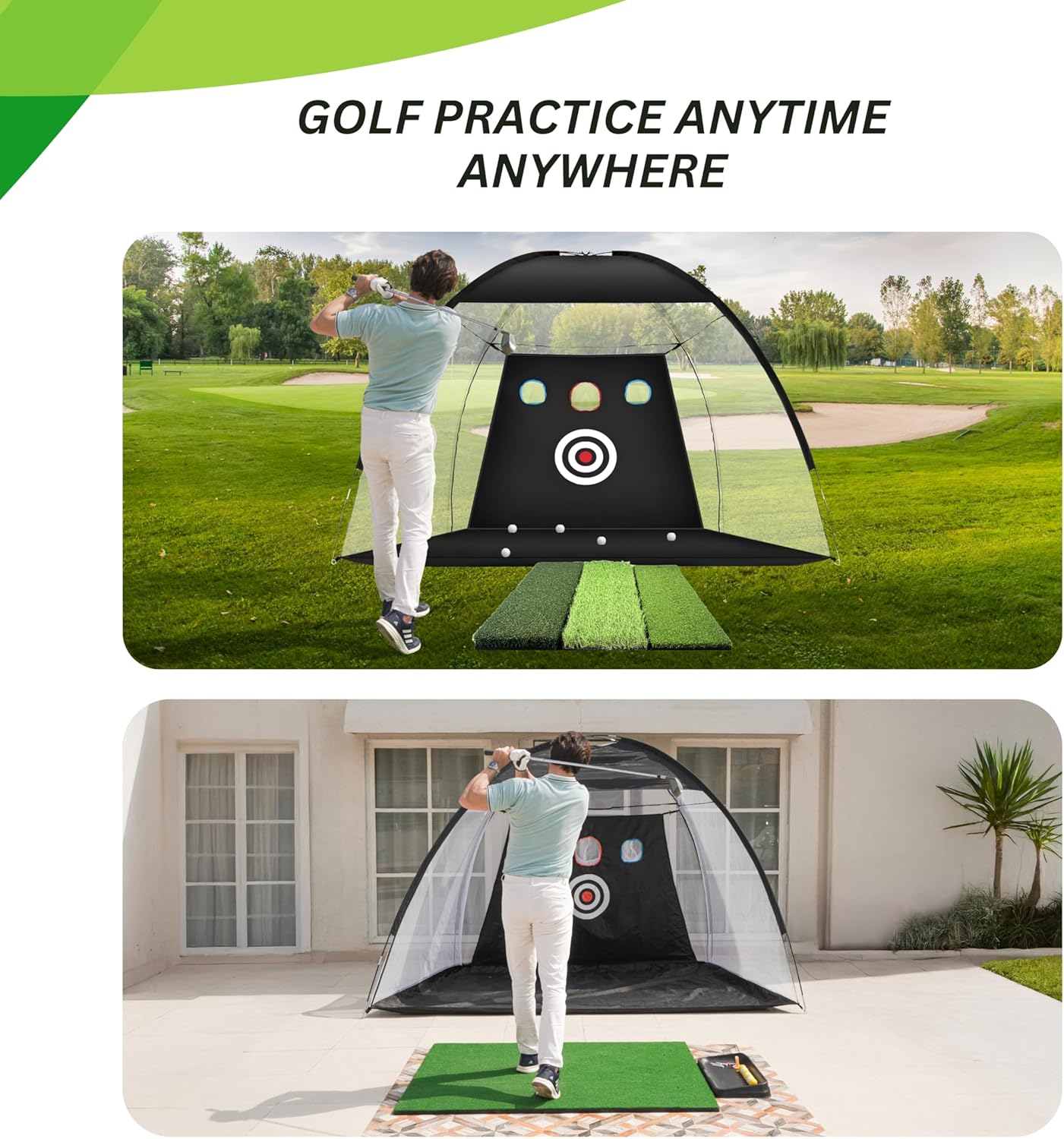 Golf Hitting Net 10x7FT with Tri Turf Mat, Golf Nets for Backyard Driving Real Golf Balls with 10 Balls, 4 Ground Stakes, 6 Windproof Sandbags, Rubber Tee, Tray and Carry Bag Indoor/Outdoor Use