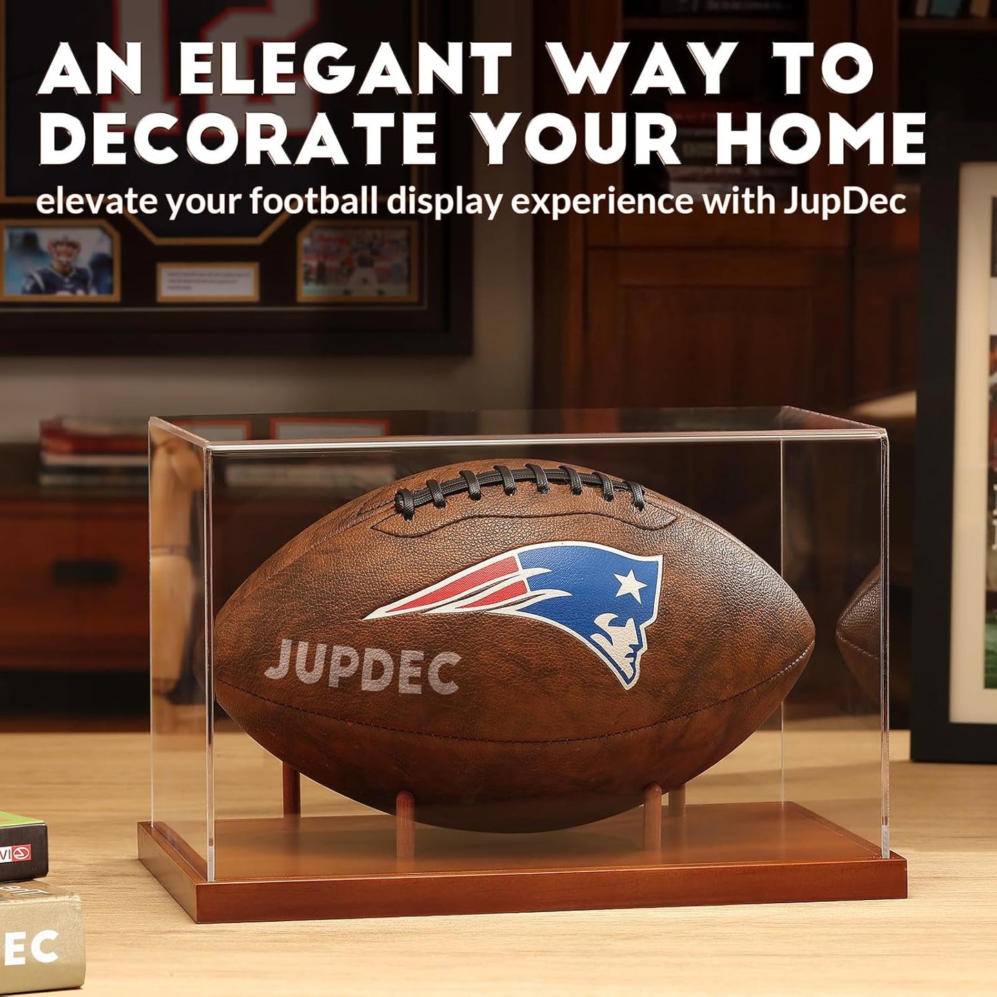 JupDec Football Display Case Full Size, Acrylic Clear Box with Wood Stand, UV Protected Memorabilia Holder, for Football Fans & Collectors, Sports Collectibles, No Assembly Required