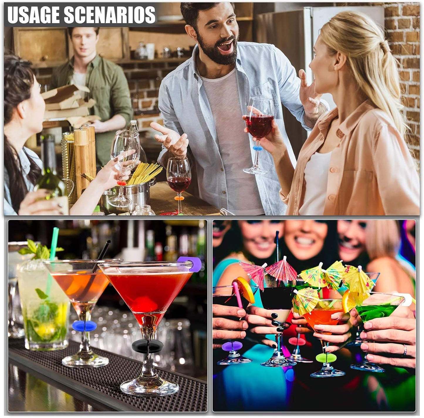 Lasiyanor 48Pcs Wine Glass Markers Charms, Silicone Glass identifiers for Bar Party Martinis Cocktail Champagne Stem Glasses