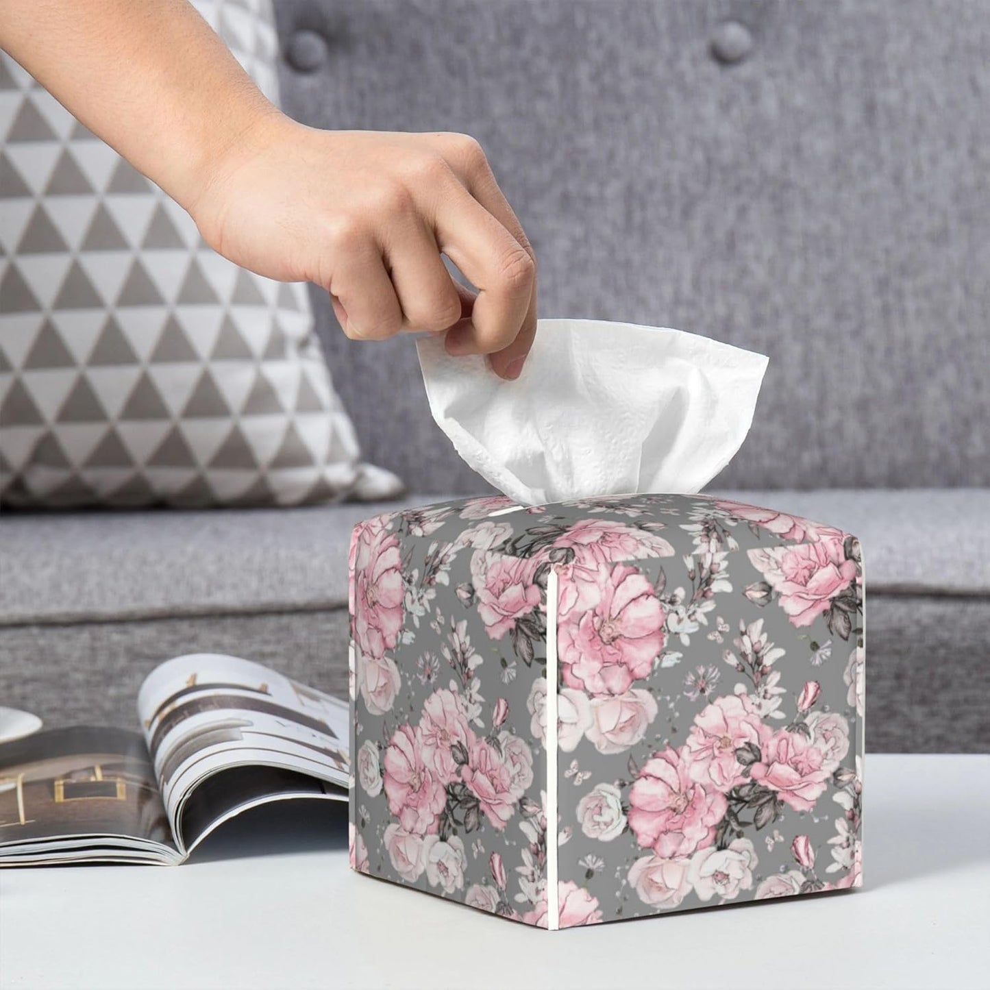 Tissue Box Holder Pink Flowers and Leaves Tissue Box Cover Square Leather Tissue Holder Organizer Portable Decorative Facial Paper Case for Home Office Bathroom Vanity Countertop
