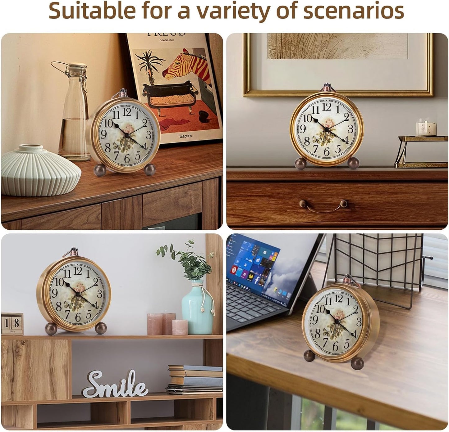 Maxspace Metal Golden Table Clock, Retro Vintage Non-Ticking Small Alarm Clock,Battery Operated Silent Quartz Movement HD Glass Desk Clock for Bedroom Living Room Indoor Decoration Kids… (Rose)