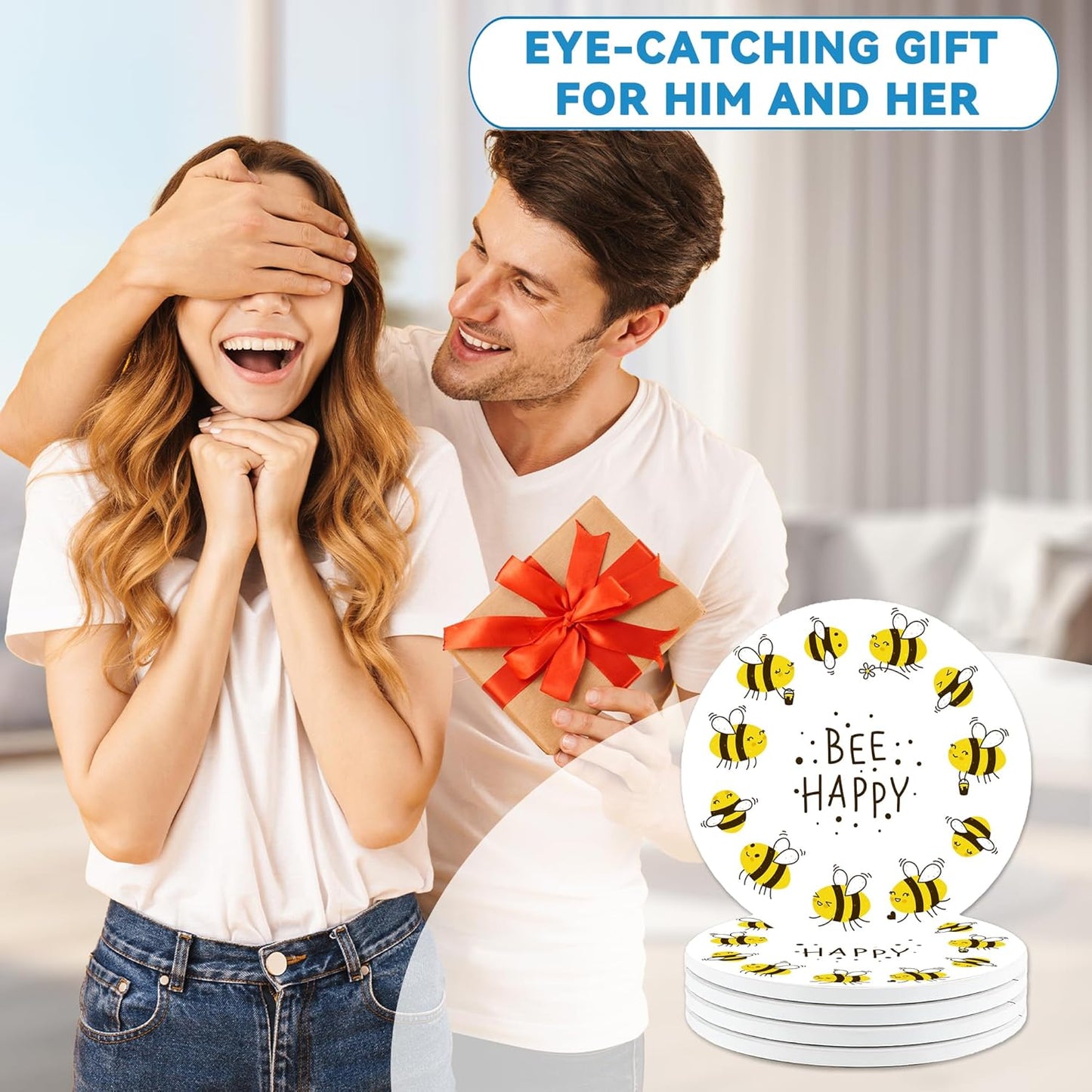 Bee Coasters Set of 4, Absorbent Ceramic with Cork Backing, Bee Happy Coaster Mats for Drinks, Ideal Gifts for Women Men