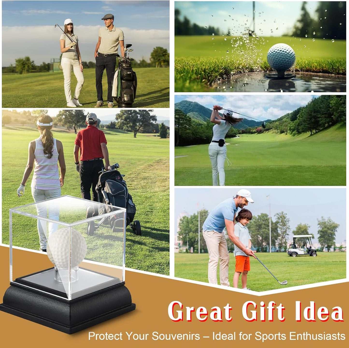 Golf Ball Display Case with Light, UV Protected Clear Acrylic Cube with Wood Base, Sports Memorabilia Display Holder for Single Ball Souvenir Golf Ball Collections