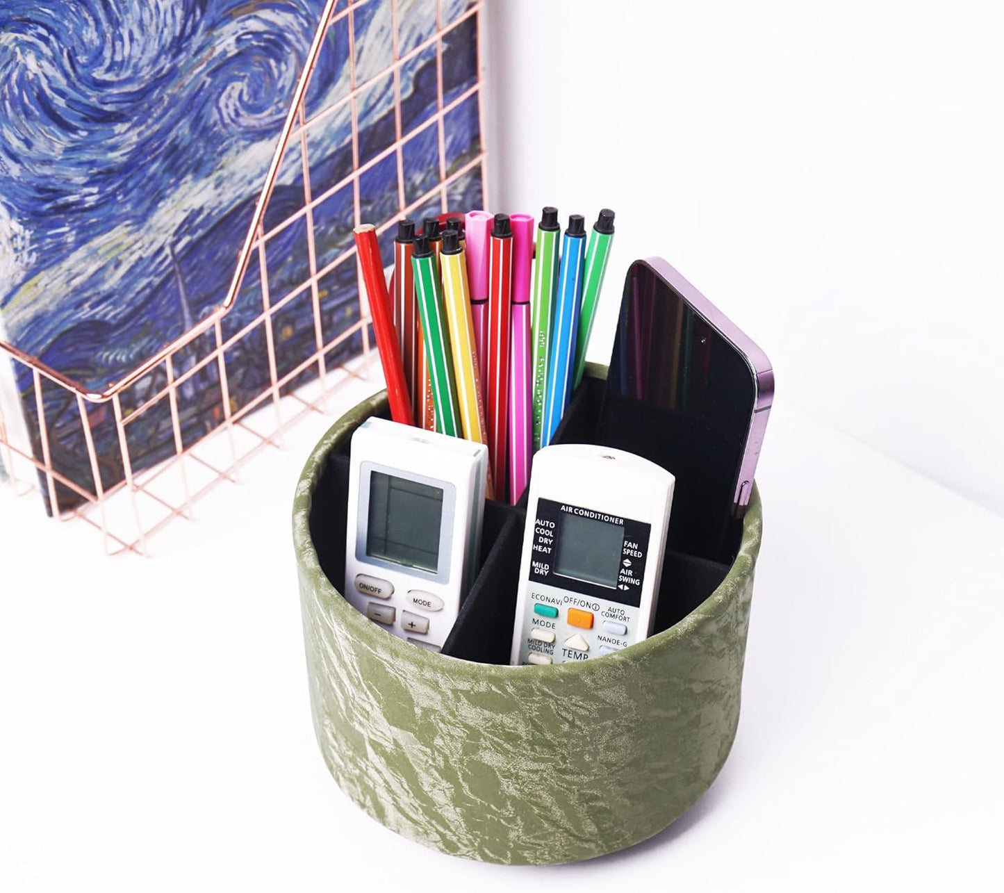 Hennaja Round Leather Art Supply Organizer,Remote Control Holder,360 Degree Spinning,Multi-Functional Pencil Holder,4 Compartments Desktop Stationary Organizer(1-Hill Green)