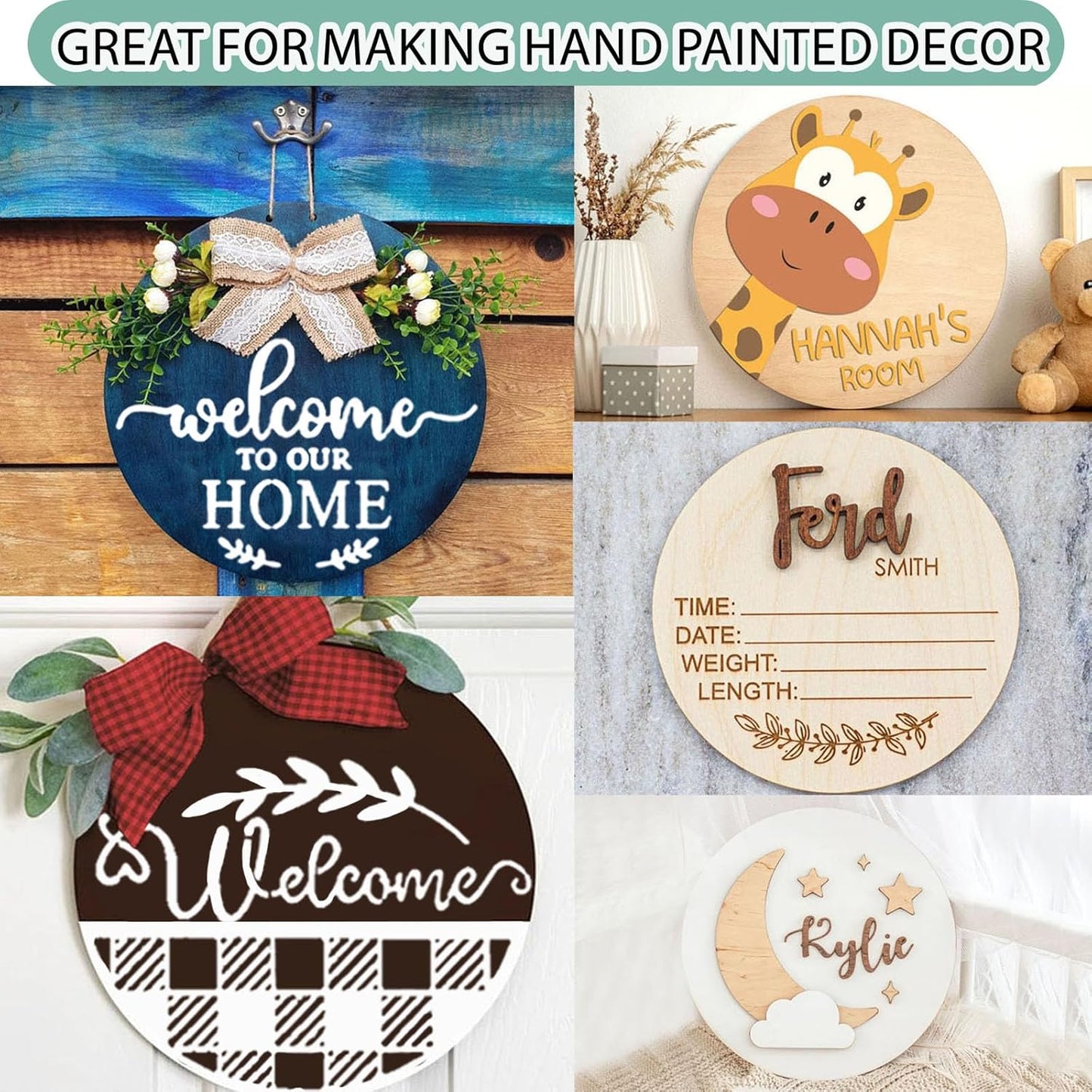 12 Inch Wood Circles for Crafts, 10Pcs Unfinished Wood Rounds with 9Pcs Welcome Stencils & 12Pcs Painting, DIY Wooden Crafts for Door Hanger, Wood Burning, Painting, Thanksgiving Day Christmas Decor