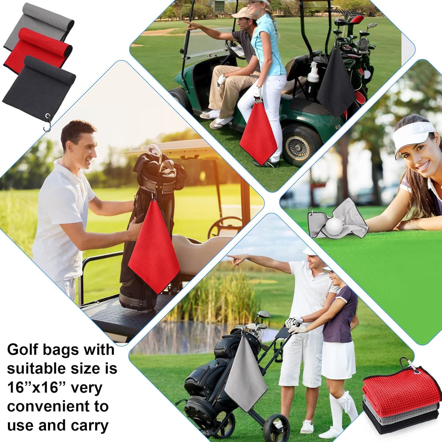 Batiyeer 12 Pcs Golf Towel Bulk for Golf Bags 16'' x 16'' Microfiber Fabric Towel with Clip Waffle Pattern, Fitness, Camping, Hiking, Yoga