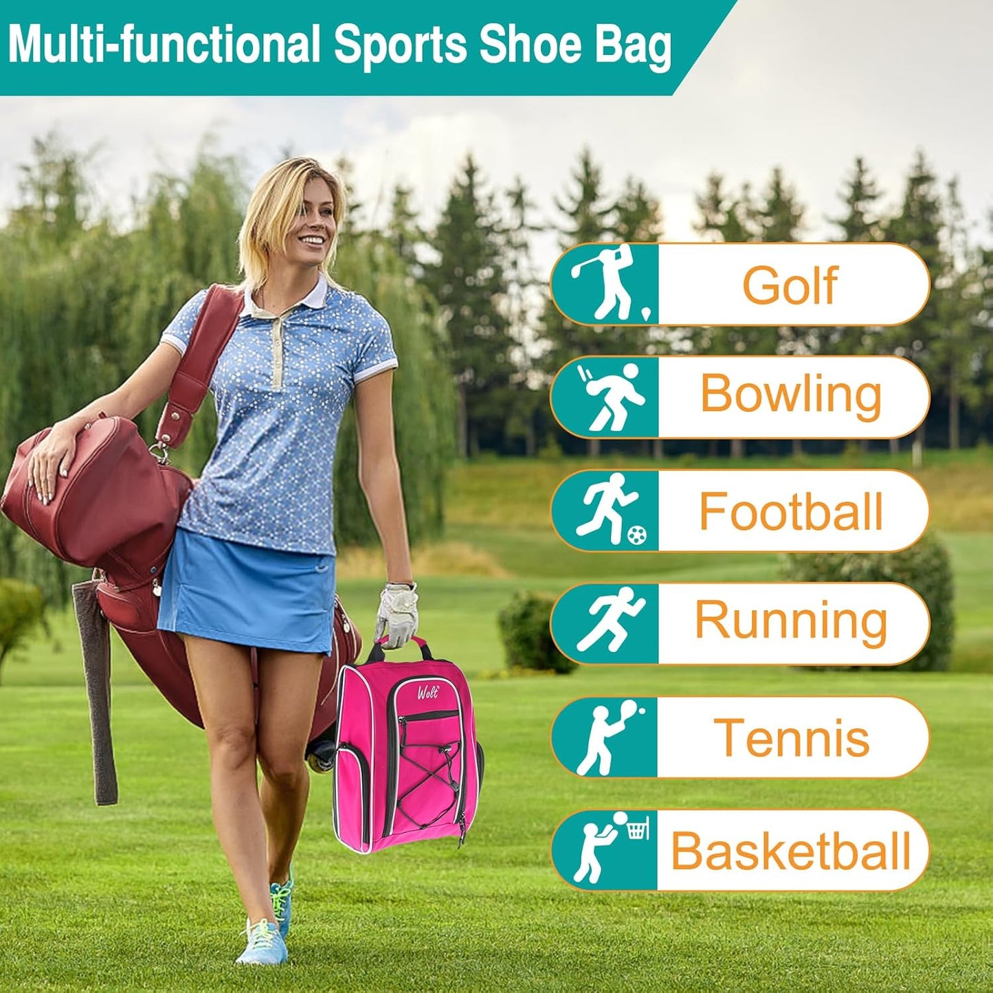 Wolt Golf Shoe Bag - Sports & Travel Shoes Carrier Bags with Ventilation & Double Outside Accessory Pocket for Socks, Tees, Golf Balls, etc. for women and men (Pink)