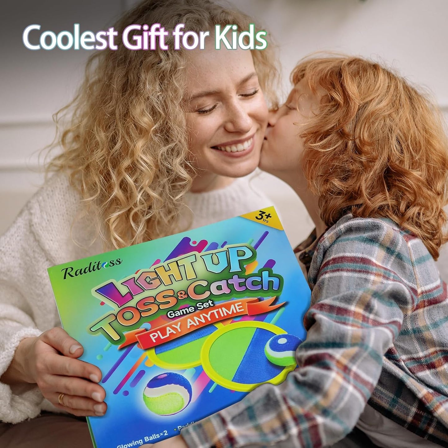 LED Toss and Catch Ball Set, Glow-in-The-Dark & Daytime Play with Rechargeable Multi-Color Flashing Light-Up Balls, Indoor & Outdoor Toy for Kids, Toddlers & Adults Fun, 2 Paddles & 2 Balls