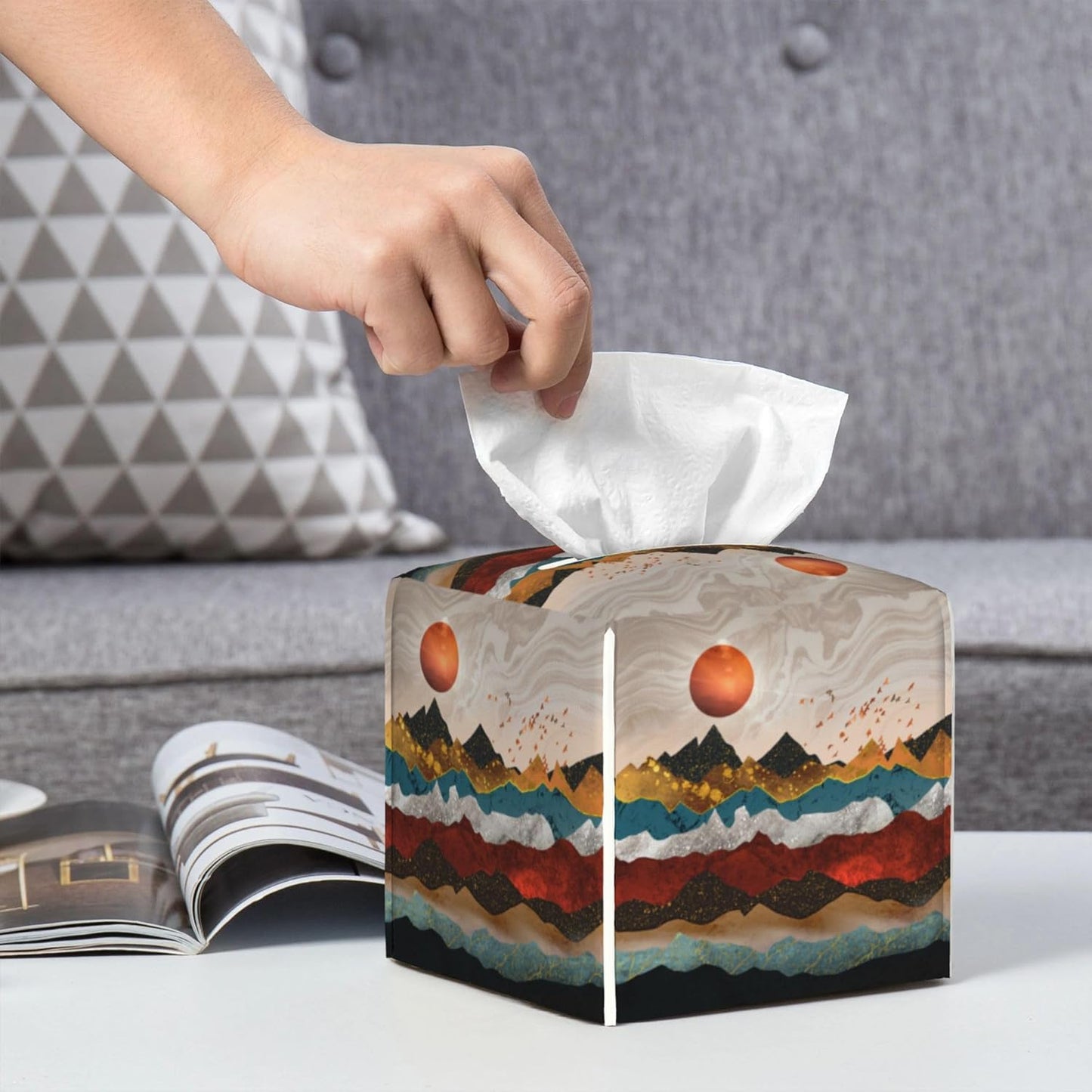 Gold Mountains and Red Sun Tissue Box Cover Square,Abstract Mountain Sunset Tissue Box Holder Waterproof Leather Facial Paper Organizer Dispenser for Bathroom Home Car Nightstand Vanity Desk