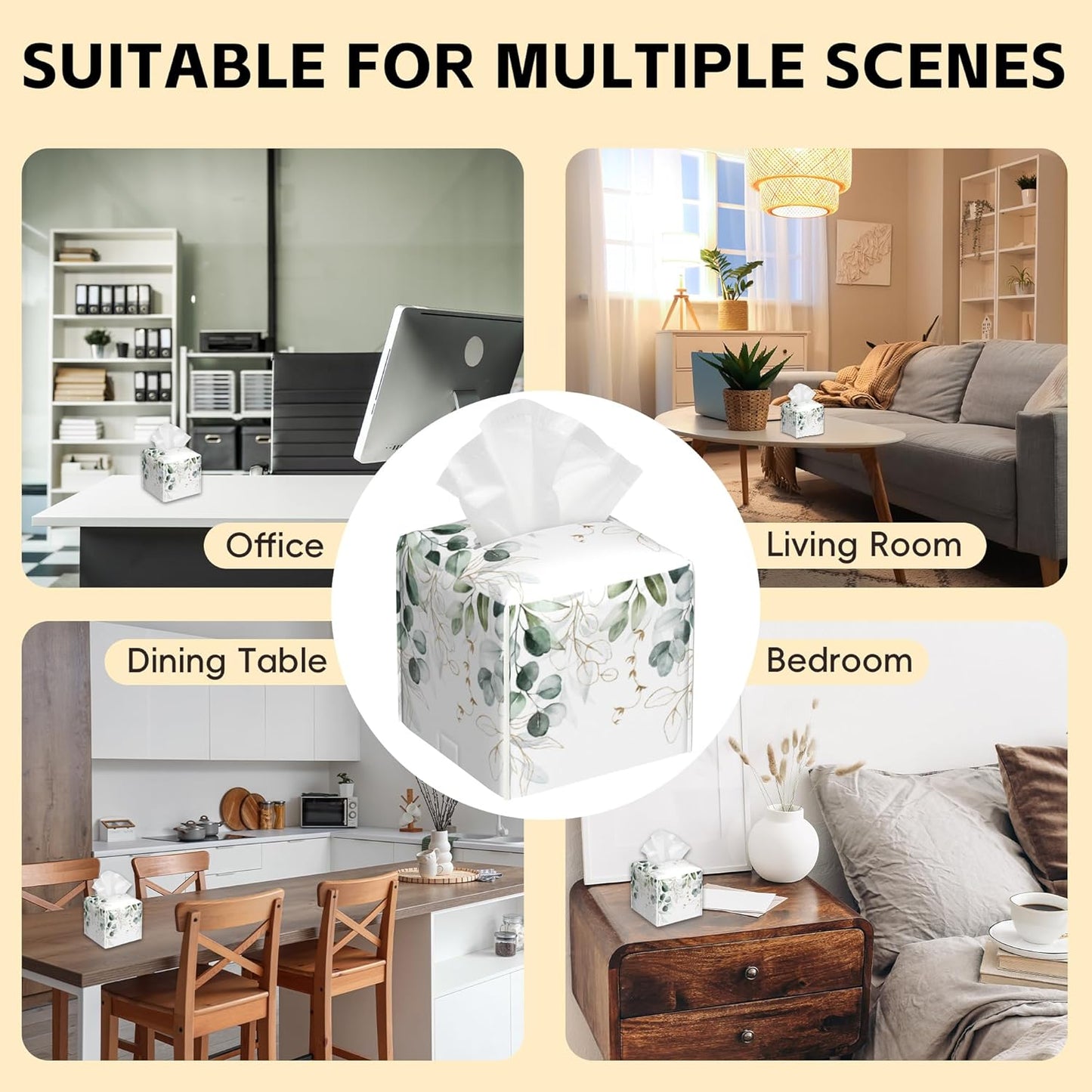 Tissue Box Cover Square,Eucalyptus Leaves Leaf Tissue Box Holder Waterproof Leather Facial Paper Case Modern Home Decoration for Bedroom Dresser Night Stand Office Desk