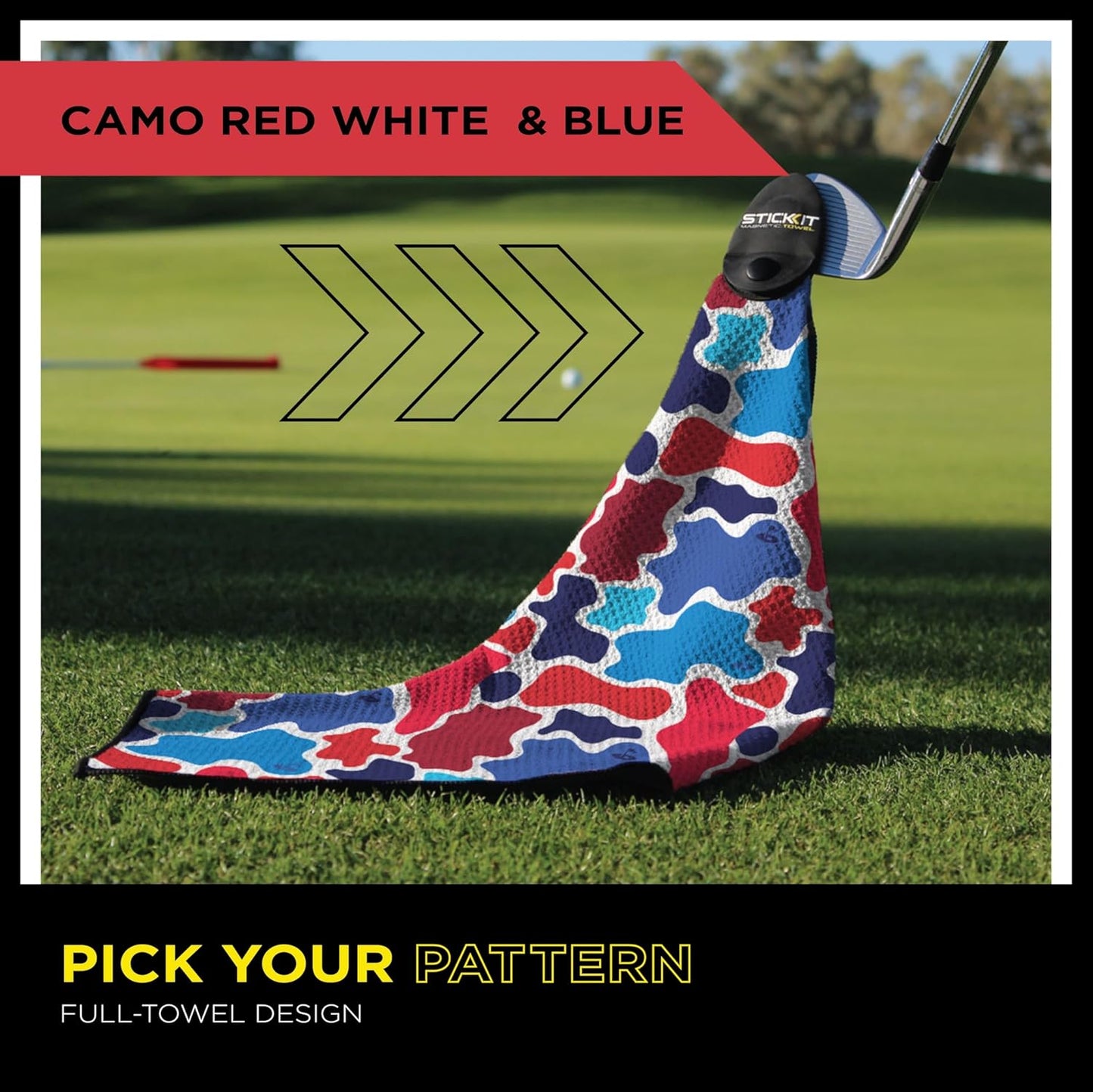 STICKIT Magnetic Golf Towel, Patriotic Camo | Top-Tier Microfiber Golf Towel with Deep Waffle Pockets | Industrial Strength Magnet for Strong Hold to Golf Carts or Clubs | Red, White and Blue Camo