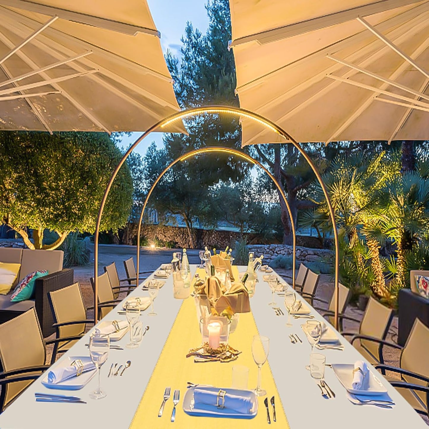 16 Packs Plastic Table Cloth Rectangle Table Runner, Disposable and Satin, White and Gold Tablecloth Cover for Birthday, Wedding, Anniversary, Christmas, New Year, Party Decorations