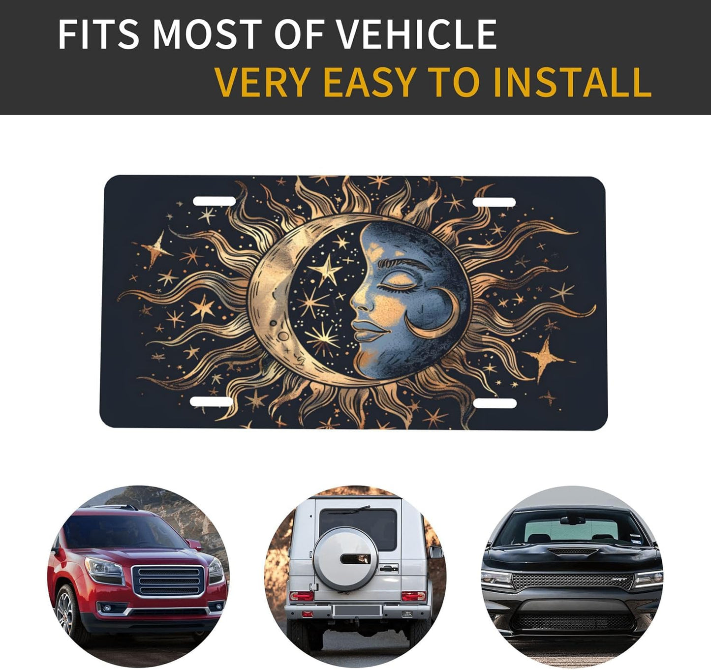 Custom License Plate Personalized Sun Moon Funny Aluminum Front License Plates Decorative Rust-Free Metal Car Plate Covers for Women Men Car Tag Accessories fit Truck SUV Rv 12 X 6 in