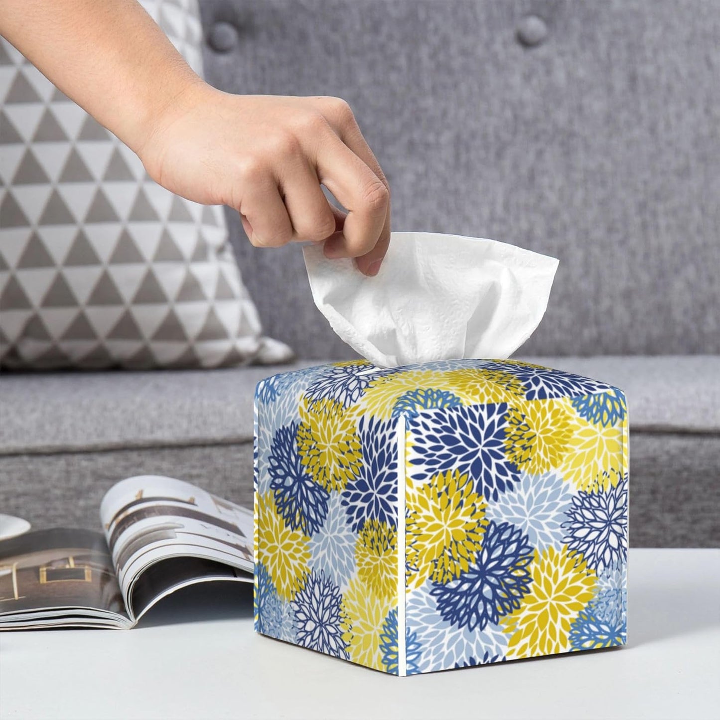 Yellow and Navy Chrysanthemum Flower Tissue Box Cover Leather Tissue Box Holder Square Facial Paper Organizer Dispenser for Bathroom Kitchen Bedroom Vanity Countertop Night Stands