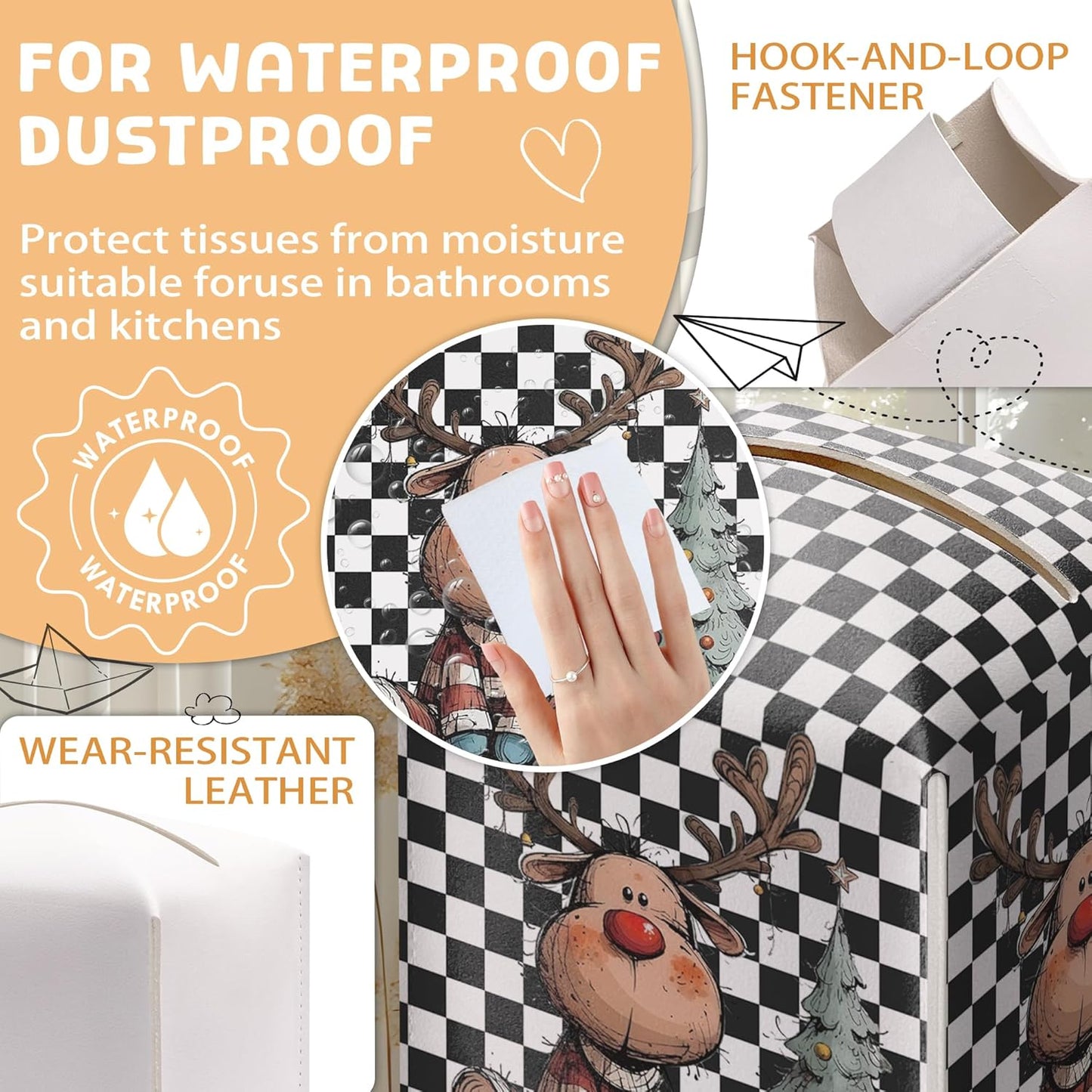 Black and White Checkered Tissue Box Holder, Watercolor Christmas Reindeer Leather Tissue Box Cover Square, Paper Facial Decorative Tissues Cover for Night Stands Bathroom Office Home Decor-B06