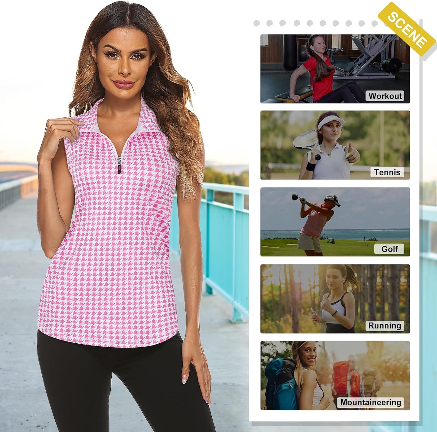 Koscacy Women's Sleeveless Golf Tennis Polo Shirts Zip Up Dry Fit Workout Tank Tops Athletic Shirt