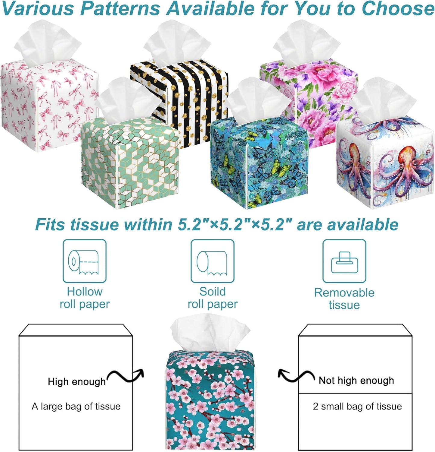 Pink Cherry Flowers Tissue Box Cover Square,Plum Leather Tissue Holder with Bottom Belt,Waterproof Leather Facial Paper Organizer Tissue Box Cover for Home Office Vanity Countertop,5.2" x 5.2" x 5.2"