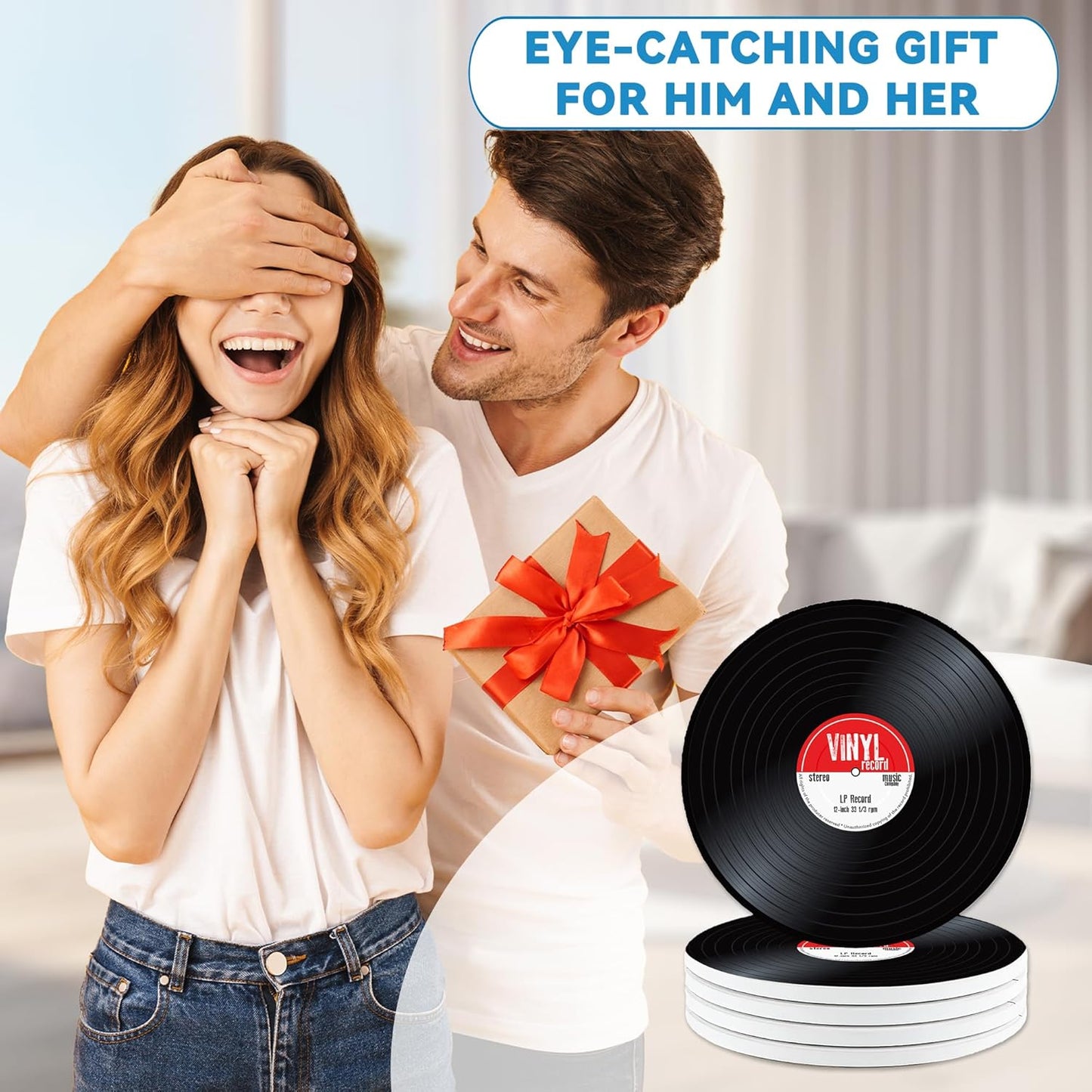 Drinks Coasters Set of 4, Old Record Player Music Round 4" Cup Coasters, Absorbent Ceramic Stone Coasters with Cork Base, Cute Coasters for Table Home Décor, Ideal Gifts for Women Men