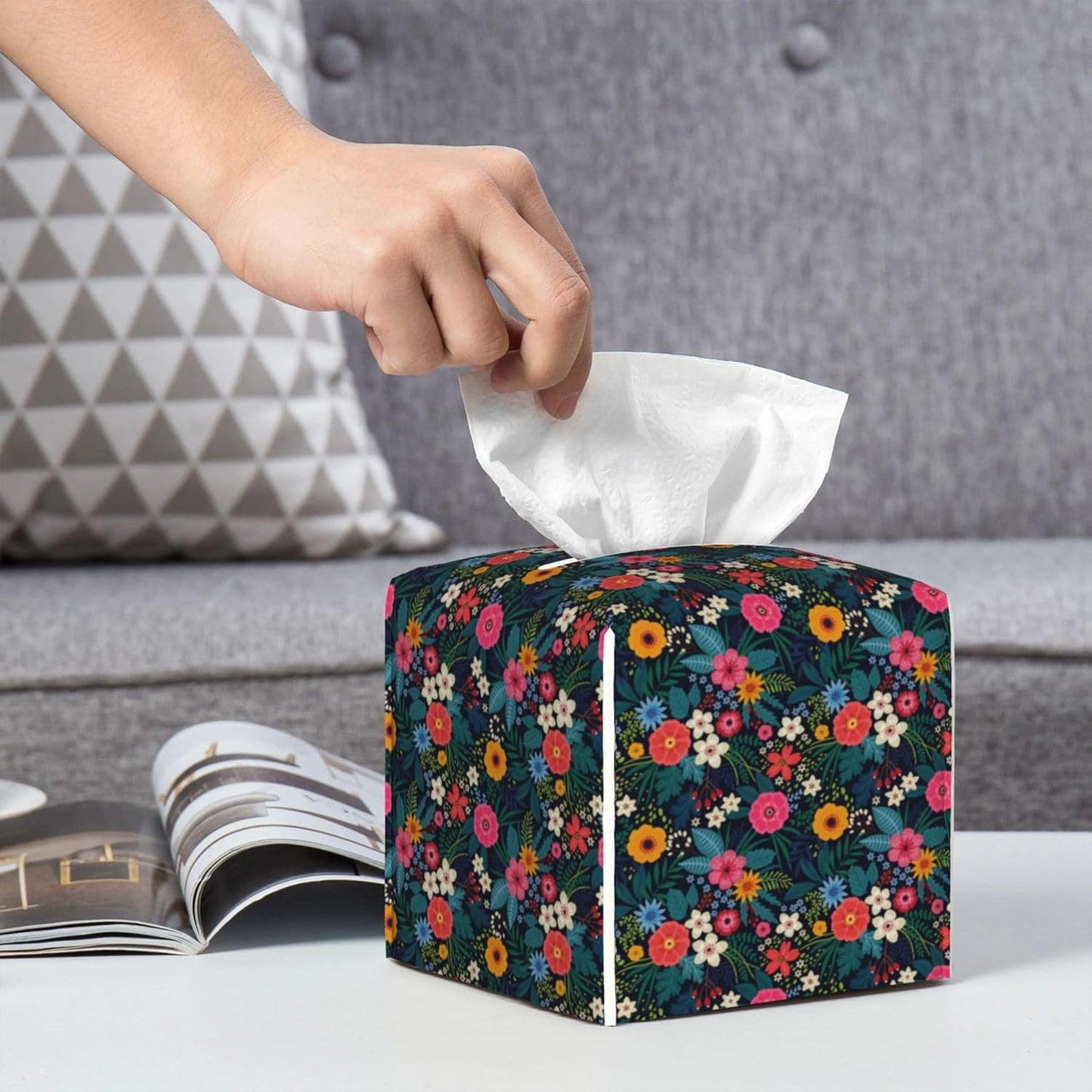 Colorful Flowers and Leaves Tissue Box Cover Leather Tissue Box Holder Square Facial Paper Organizer Dispenser for Bathroom Kitchen Bedroom Vanity Countertop Night Stands