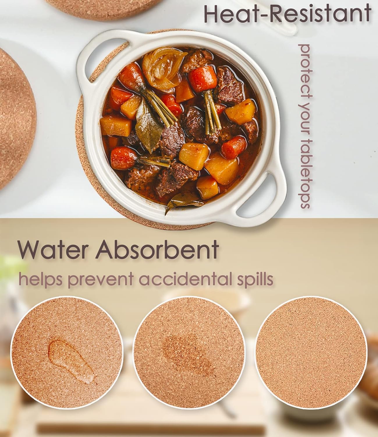 Cork Trivet, 6 Pack High Density Thick Cork Trivets for Hot Dishes and Hot Pots, 8 Inch Heat Resistant Large Coaster for Kitchen, Hot Pads for Table & Countertop