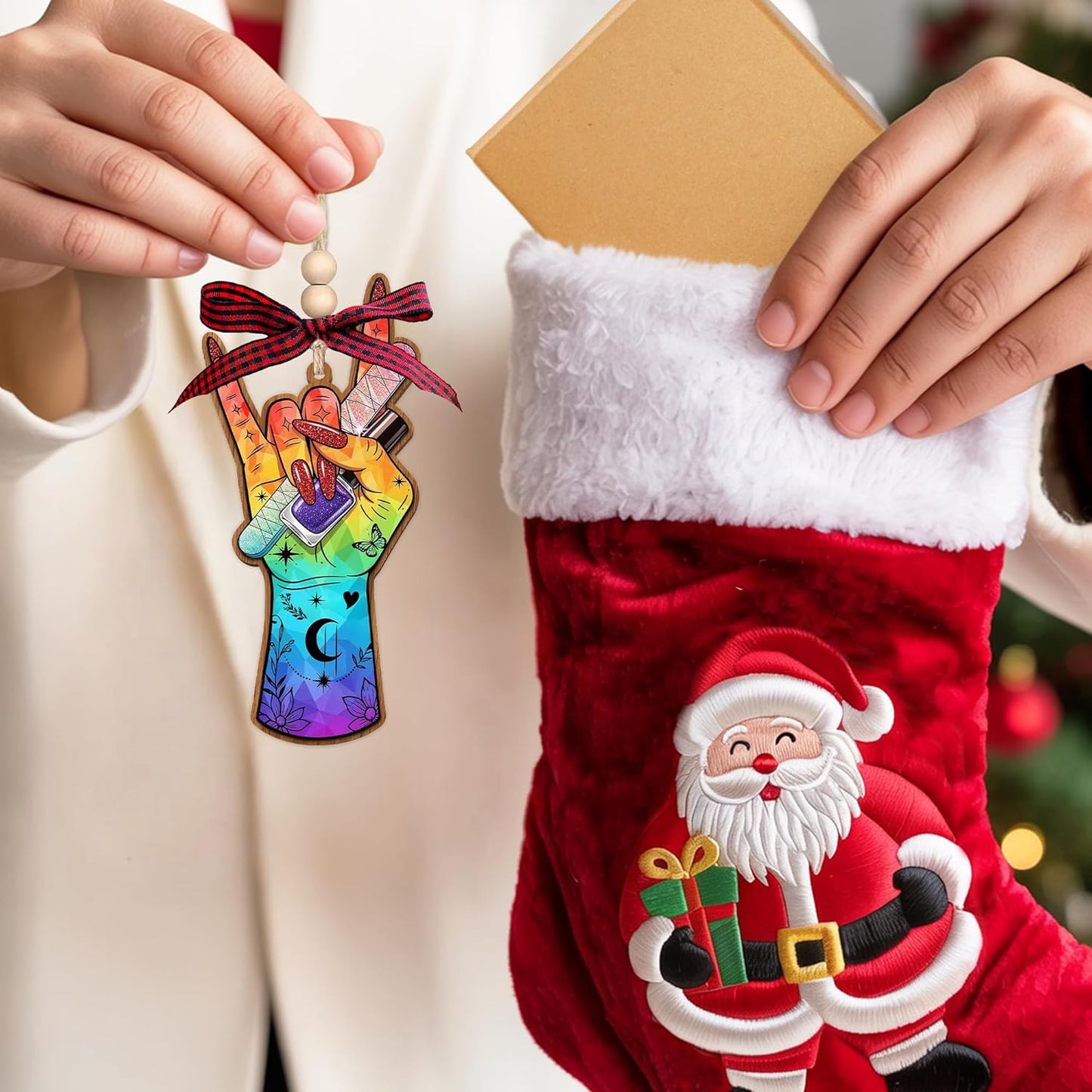 HEXMOZ Nail Tech Christmas Ornament - Nail Tech Gifts for Women - Christmas Ornaments for Nails Artist, Technicians, Lovers, Rock Style Holiday Decorations - Acrylic Wood Ornament for Tree