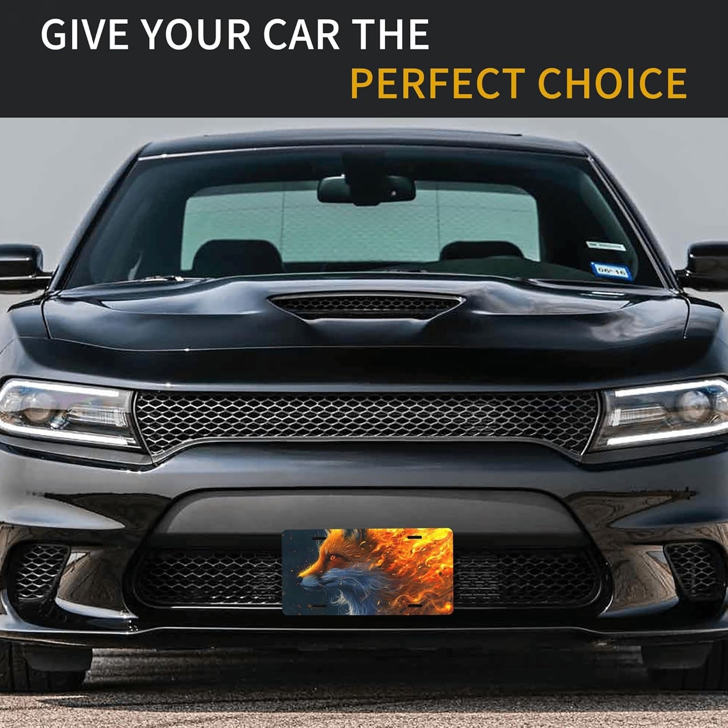 Cool Flame Animal Fox Front License Plate for Car Designs Stainless License Plate Cover Holder for Men Women Metal Aluminum Decorative Accessory Vanity Tag Standard 6 X 12 Inch (4 Holes)