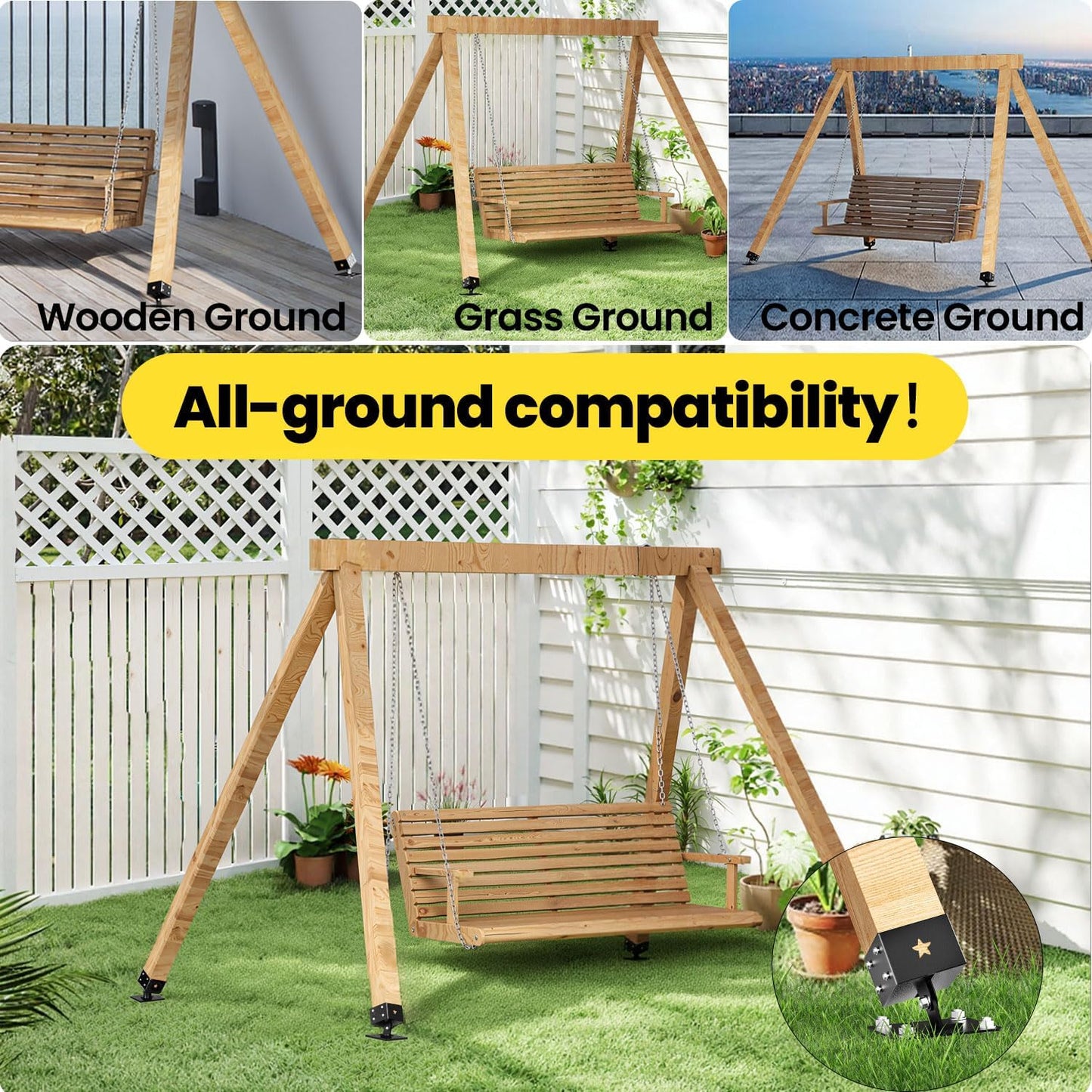 Heavy Duty Swing Set Brackets (4-Pack), 201 Stainless Steel Base for 4x4 Wood Posts (Fits 3.5"x3.5"), Includes Leveling Blocks & Hardware, Ground Anchor for Enhanced Stability & Wood Protection