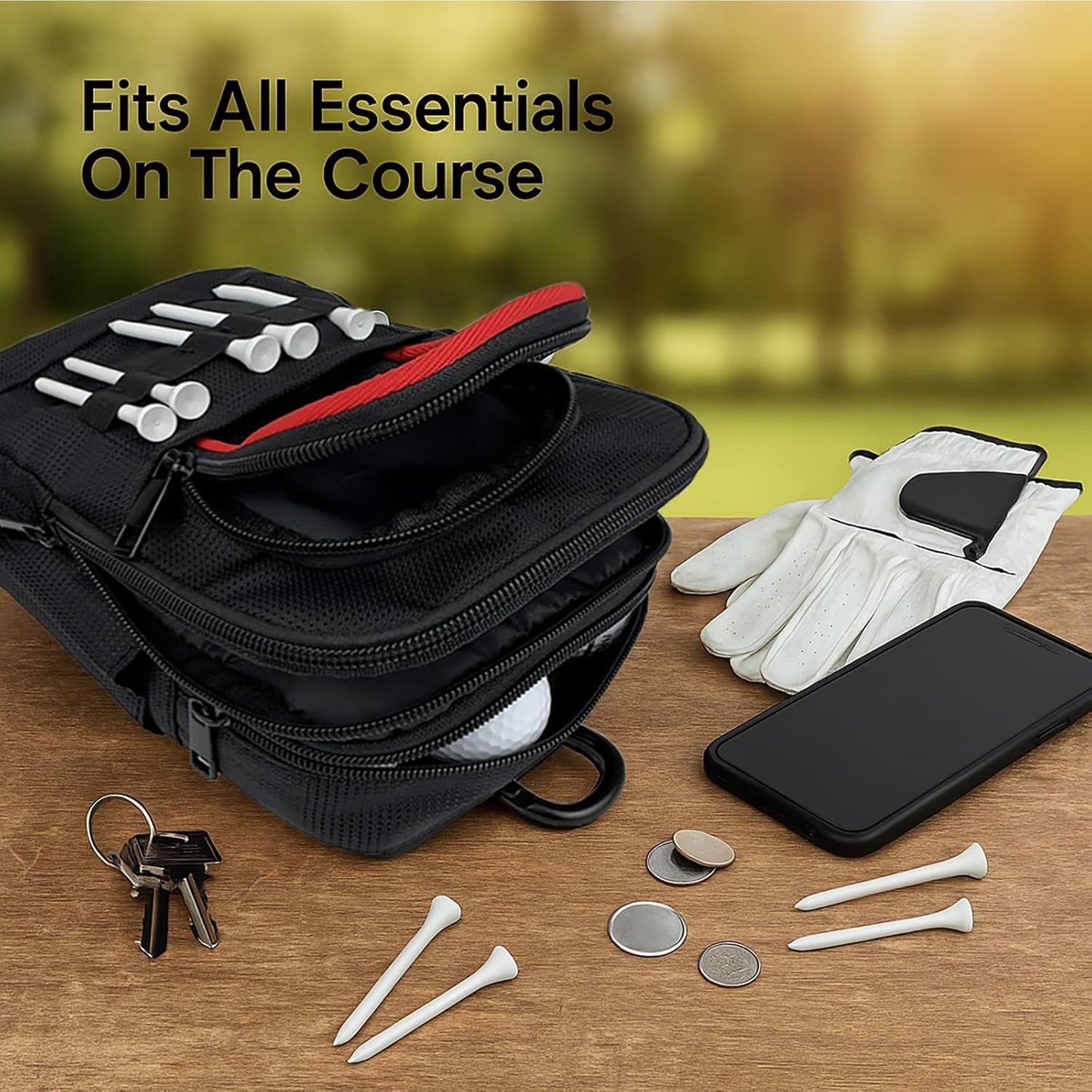 Tactical Golf Valuables Pouch with Clip-On Carabiner – Water-Resistant Golf Tee Bag Pouch for Belt, Cart or Backpack – Compact Golf Accessory Bag for Balls, Tees, Gloves & EDC Gear Black/Red