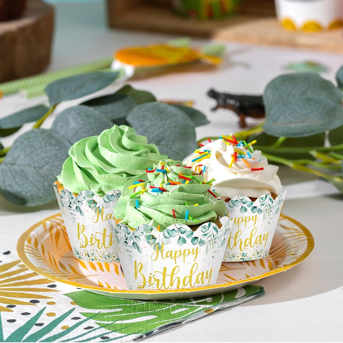 Whaline 36Pcs Happy Birthday Cupcake Wrappers Sage Green Eucalyptus Cupcake Liners Glitter Gold Birthday Decorative Cupcake Holders for Baby Shower Party Cake Decoration